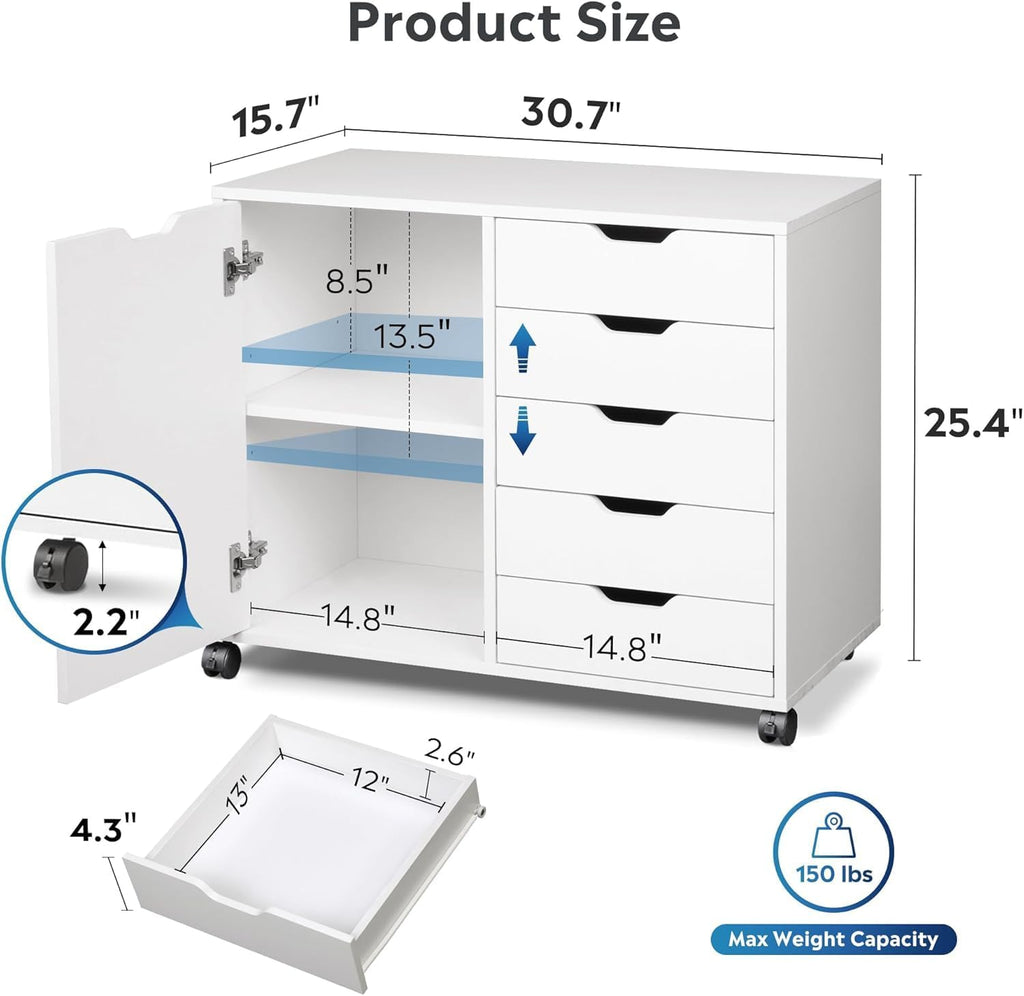 5-Drawer Wood Drawer Cabinet, Office Storage Cabinet with Adjustable Shelf & Wheels, Printer Stand for Home Office, White, 15.7' D x 30.7' W x 25.4' H