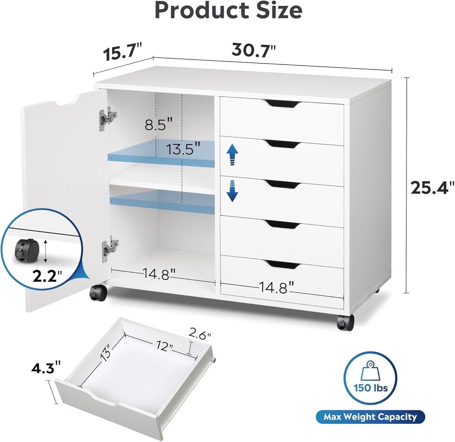 5-Drawer Wood Drawer Cabinet, Office Storage Cabinet with Adjustable Shelf & Wheels, Printer Stand for Home Office, White, 15.7' D x 30.7' W x 25.4' H