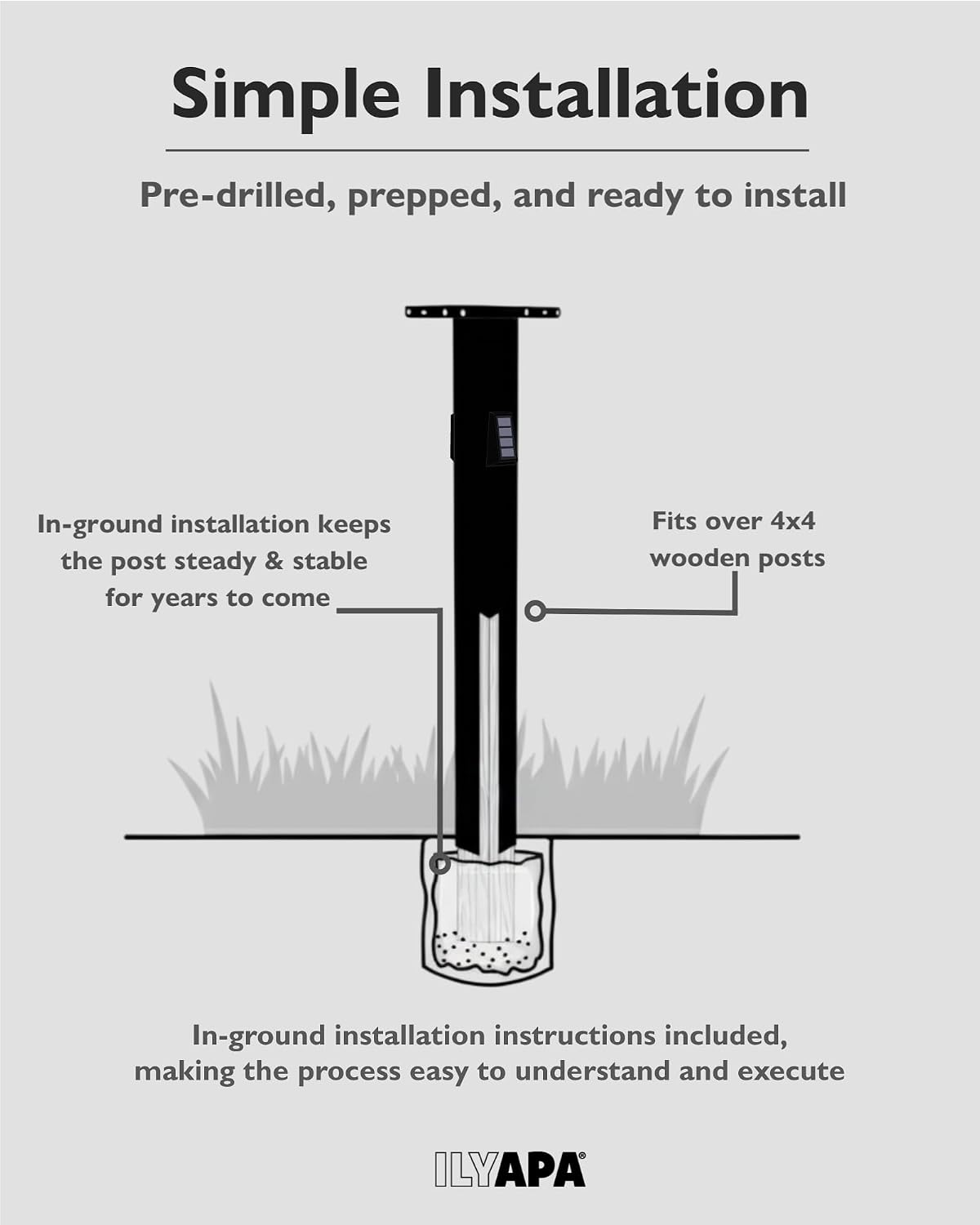 Ilyapa Black Metal Mailbox Post for Outside with Solar Address Sign for Houses, 43x4x4 Mail Box Post Sleeve with Solar Light for House Numbers with Two Universal Mounting Plate Brackets