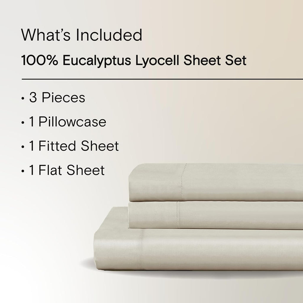 Sijo AiryWeight Tencel Sheet Set, 100% Lyocell Derived from Eucalyptus, Buttery Soft, Architectural Digest Best Cooling Sheets Winner - 3pc - 1 Pillowcase 1 Fitted 1 Top (Fog, Twin)