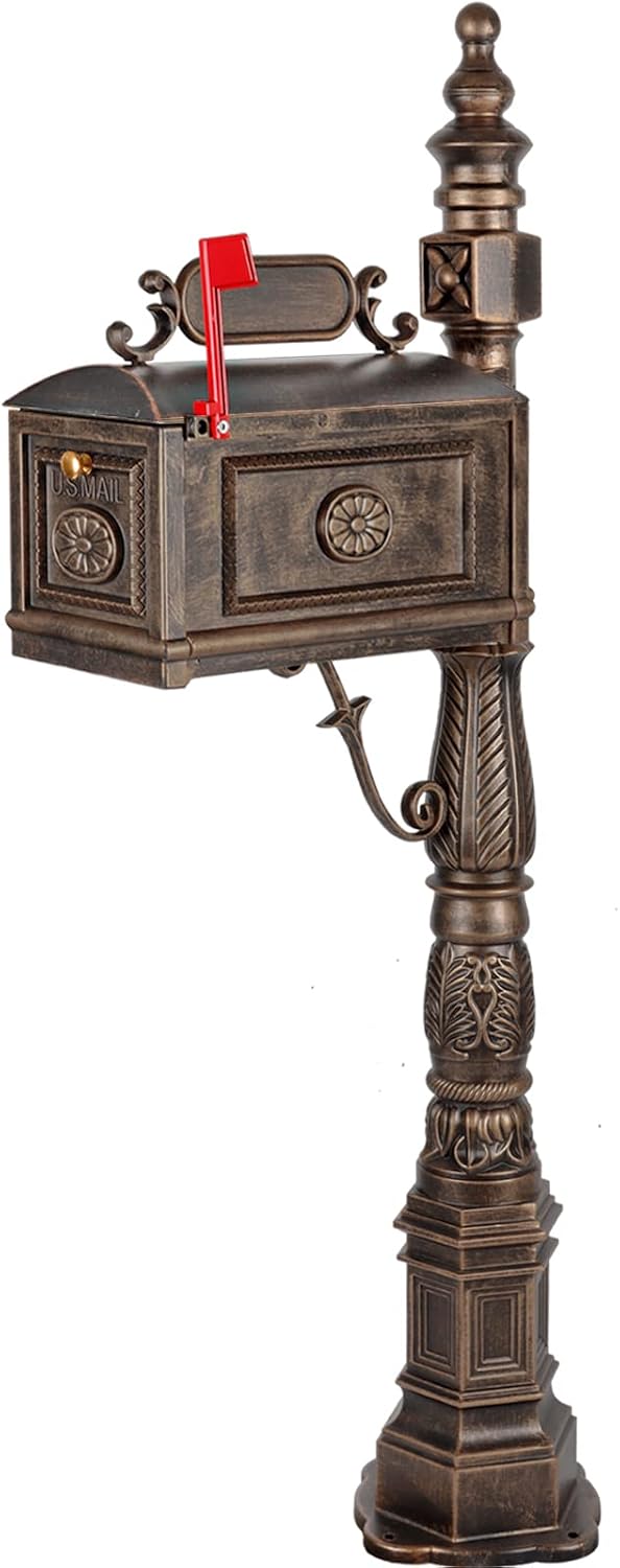 Polar Aurora Barcelona Decorative Post Mailbox Combination Stratford Heavy Duty Postal Mail Box Cast Aluminum(Bronze)