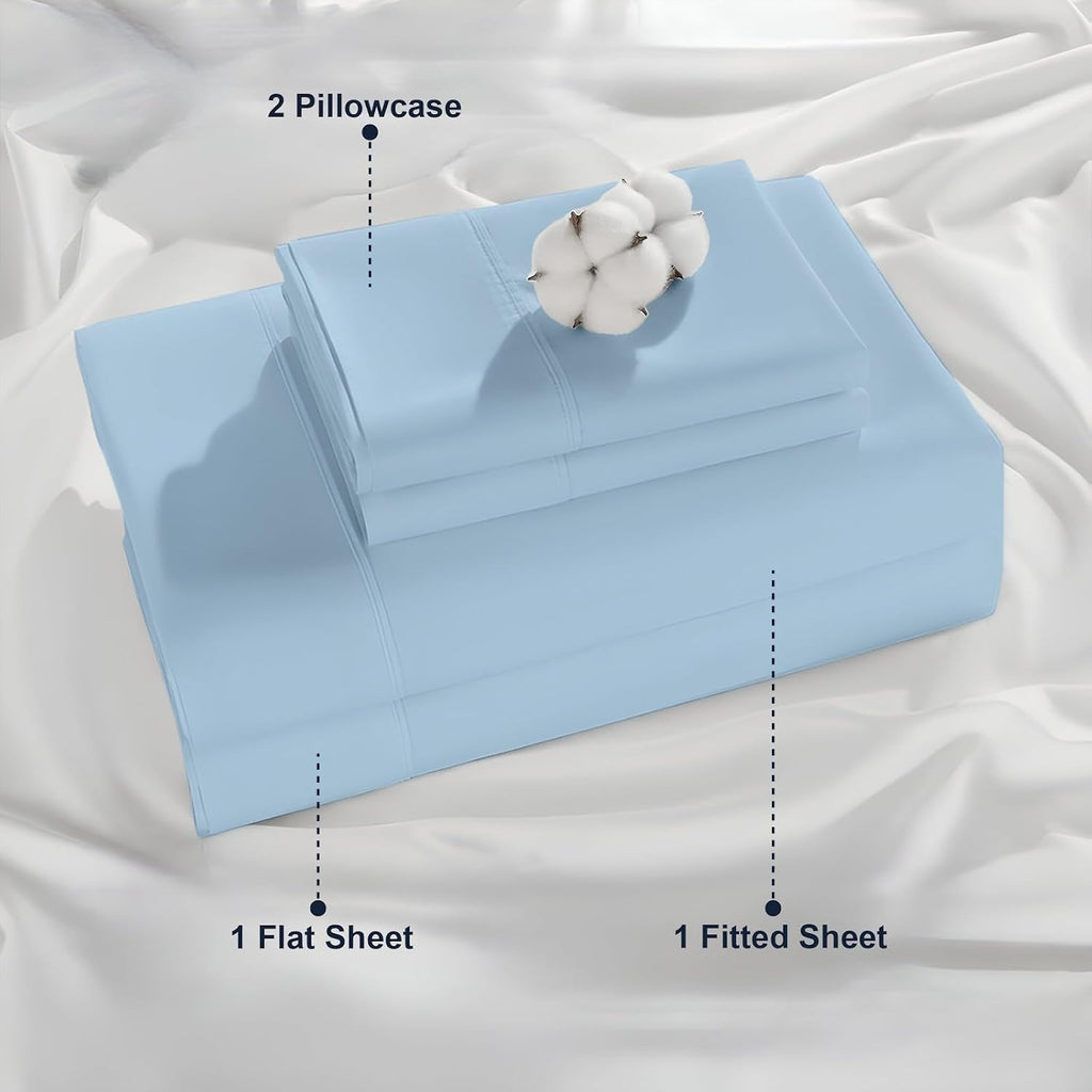 Cottington Lane Premium Quality 100% Egyptian Cotton 8 Piece Full Size Bed Sheet Set Fits 12 inch Deep Pocket Mattress, Naturally Cool, Soft & Durable Luxury Bedding, Sky Blue Solid