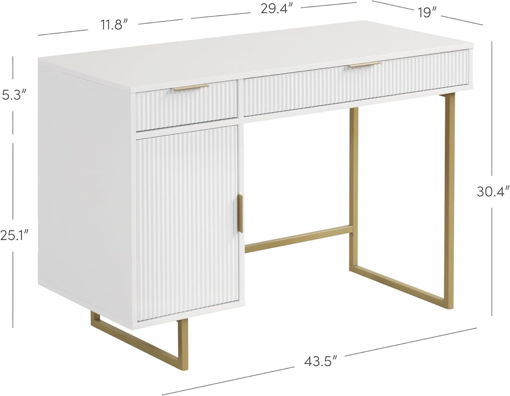 Nathan James Jacklyn White Modern Computer Desk, Workstation or Writing Desk for Small Spaces with Drawers and Cabinet Storage, White/Pale Gold