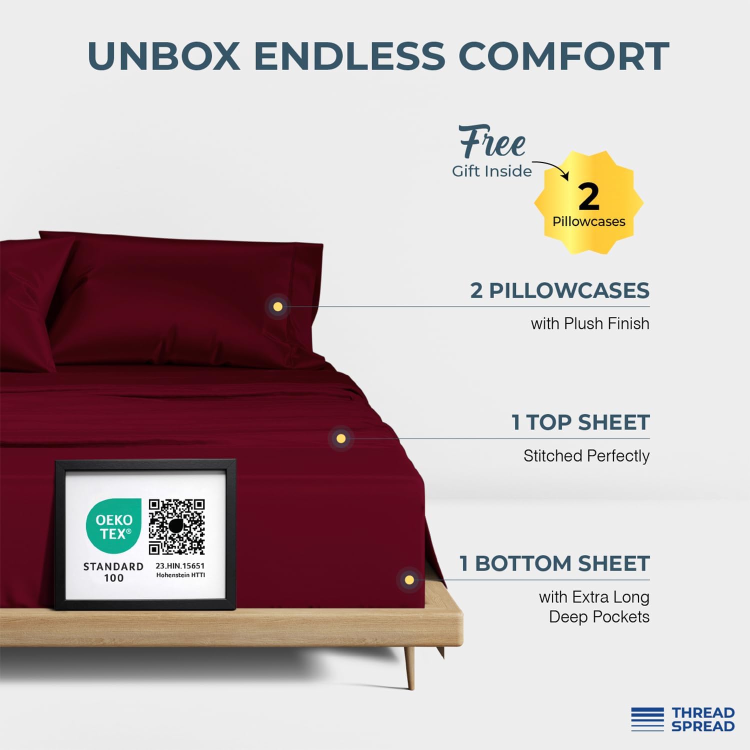 THREAD SPREAD 100% Egyptian Cotton Sheets Queen Size - Luxury 1500 Series Queen Sheet Set Egyptian Cotton (4 PC, Burgundy), Silky Soft, Sateen Weave, Cooling & Breathable, 17' Deep Pocket Bed Set