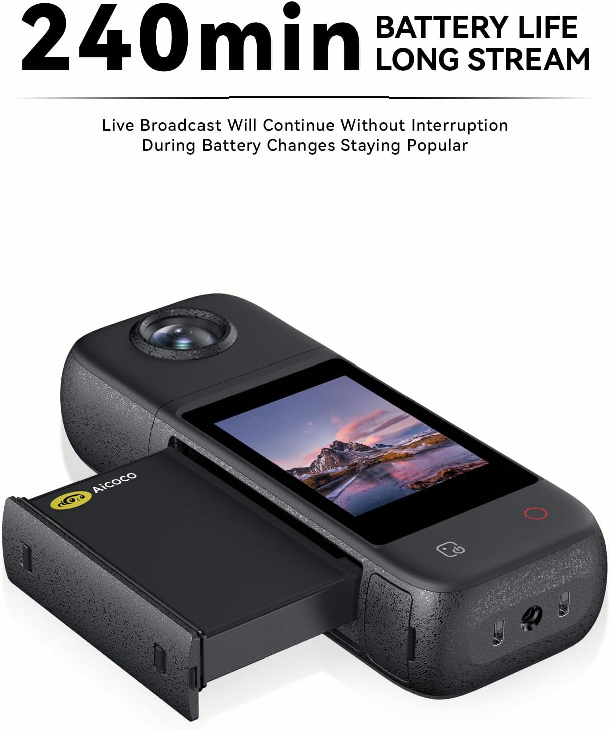 Outdoor Wireless 4K Live Streaming Camera, StreamCam for Live Streaming, HDR, 180° Rotating Lens, 240 Mins Battery, IPx4 Raining-Proof, Dual-Mic Stereo, 167℉ Heat-Resistant, 1/4'Thread Adapter