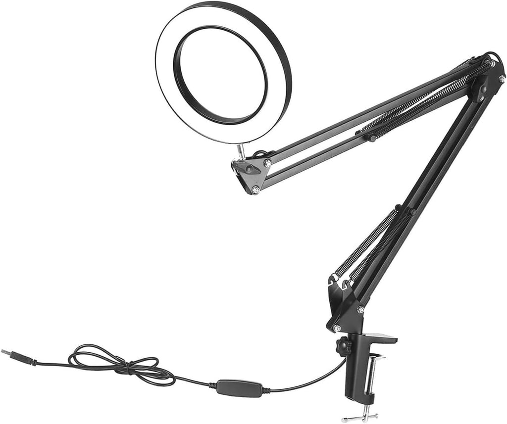 Jewelry Magnifying Glass Jewelry Magnifying Glass, 5X Lamp with Clamp Desk Swivel Arm Adjustable USB-Powered 3 Modes Dimmable for Work