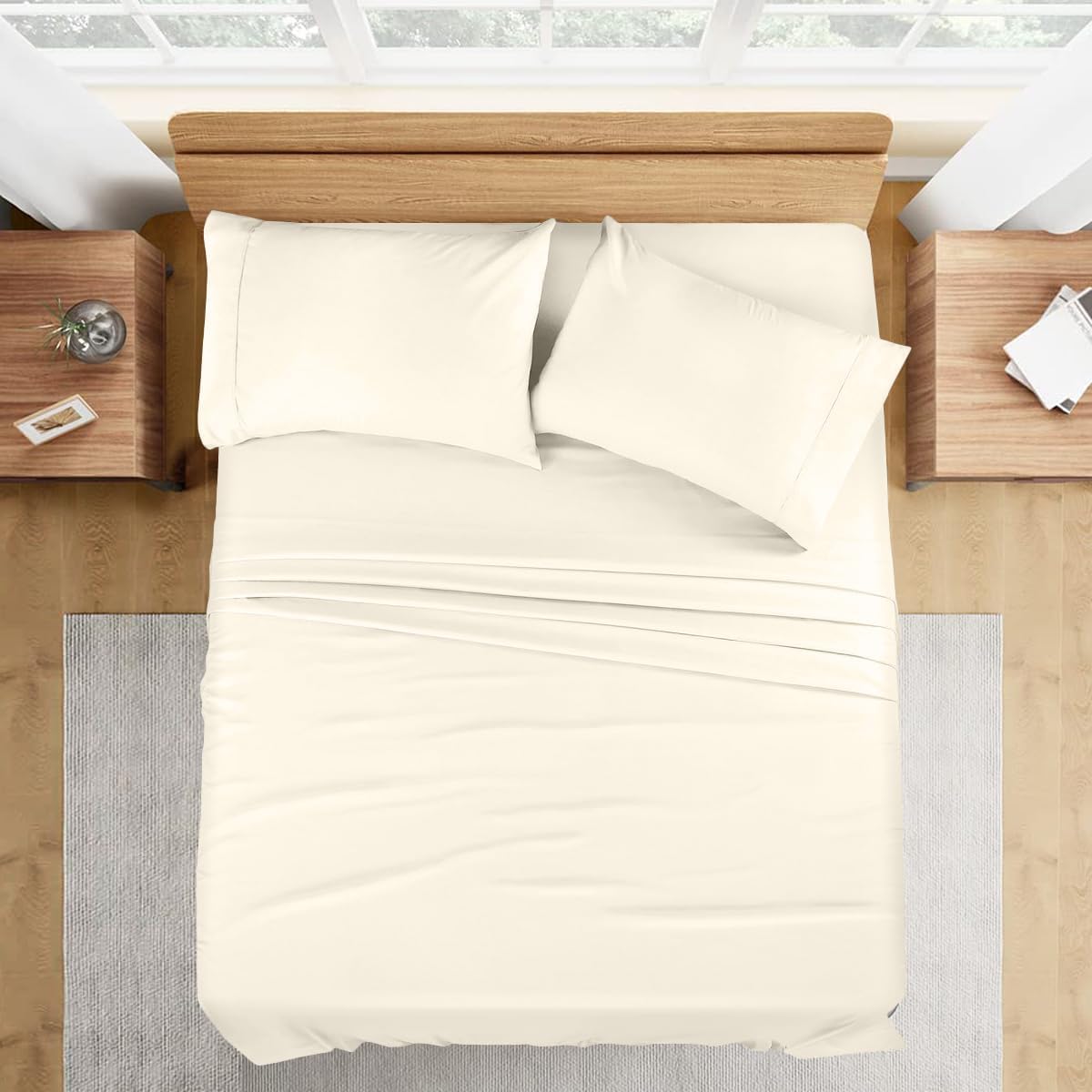 1000 Series- Extra Long Staple 100% Egyptian Cotton Sheet Set,Sateen Weave, Hotel Quality Soft Luxury Bedding, Queen Size 4 Piece Sheet Set Fit 15' Inch to 18' Deep Ivory Solid.