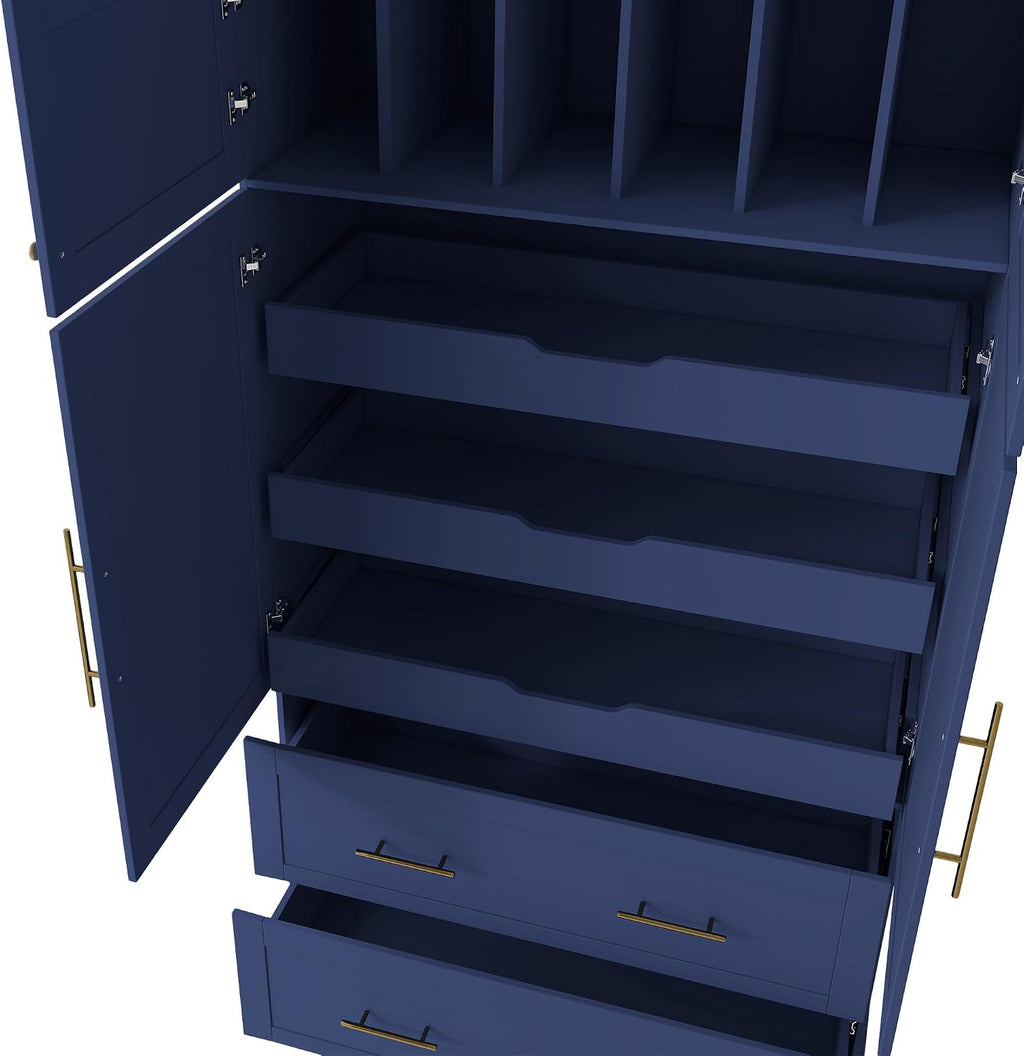 Freestanding Kitchen Pantry Storage Cabinet, 72.6''H Tall Wooden Kitchen Organizers with 2 Doors, Pull-Out Trays, 2 Drawers and Cake Pan Storage for Dining Room Living Room (Blue-1.12)