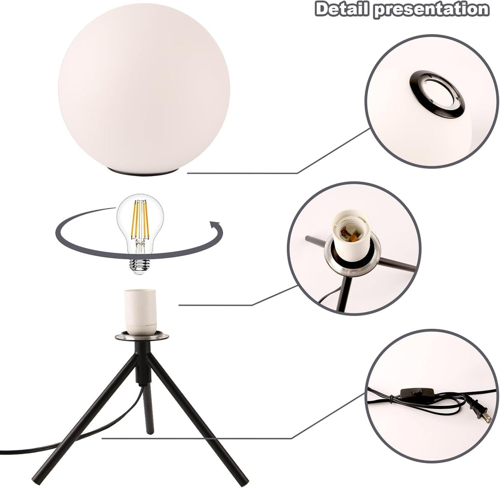 Black Globe Table Lamp Set of 2, Modern Minimalist Table Lamp with Milky White Shade, 8' Glass Ball Bedside Lamp Orb Nightstand Lamp Small Desk Lamps for Bedroom Living Room Home Office Study