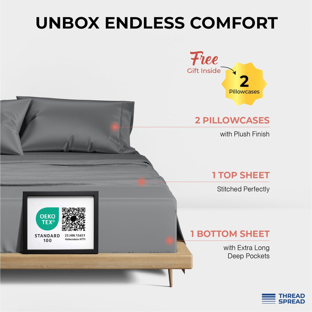 THREAD SPREAD 100% Egyptian Cotton Queen Sheets Set - 1200 Series Plush Collection Luxury Egyptian Cotton Sheets Queen Size Deep Pocket (4 PC, Dark Grey), Soft, Cooling, Sateen Weave Sheet Set