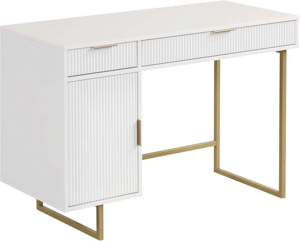 Nathan James Jacklyn White Modern Computer Desk, Workstation or Writing Desk for Small Spaces with Drawers and Cabinet Storage, White/Pale Gold