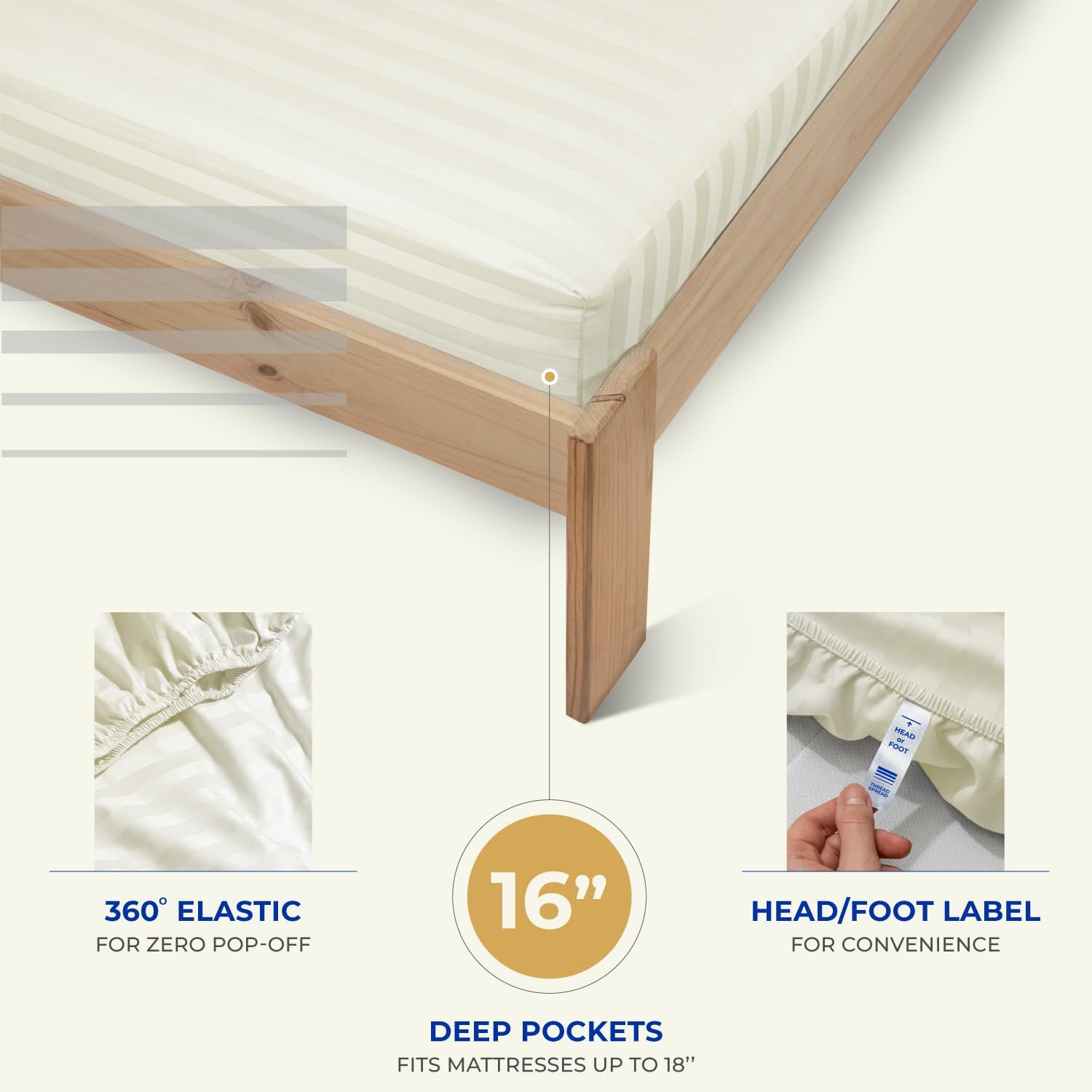 THREAD SPREAD Queen Sheet Set, Luxury 1000 Series Paradise Collection 100% Egyptian Cotton Damask Striped Bed Sheets Queen Size (4 PC, Ivory Stripe), Cooling 16' Deep Pocket Hotel Sheet Set