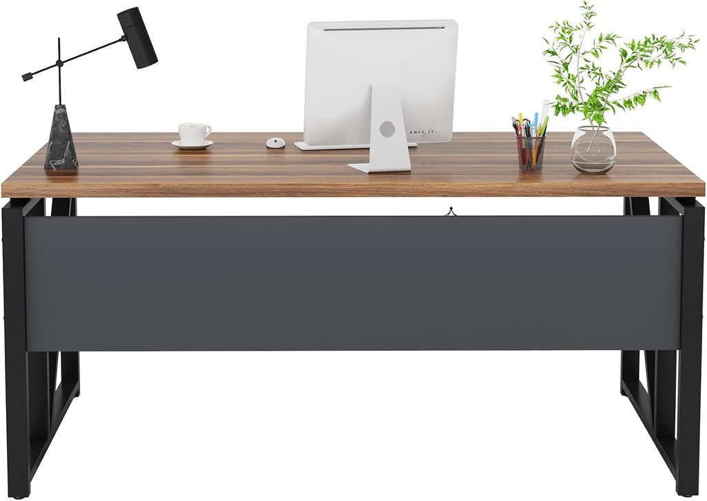 Tribesigns 55 inches Simple Computer Desk,Home Office Desk Writing Table for Workstation,Dark Walnut + Steel Leg， Cabinet not Included (Walnut, 55-inch)