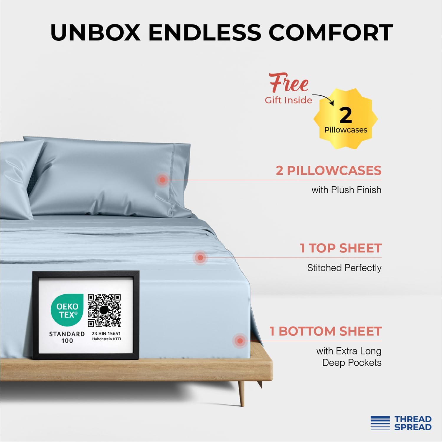 THREAD SPREAD 100% Egyptian Cotton Queen Sheets Set - 1200 Series Plush Collection Luxury Egyptian Cotton Sheets Queen Size Deep Pocket (4 PC, Light Blue), Soft, Cooling, Sateen Weave Sheet Set