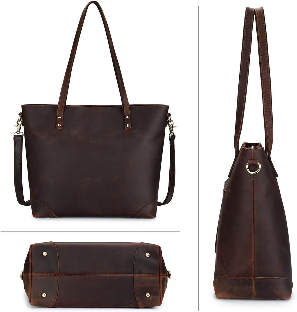 S-ZONE Vintage Genuine Leather Shoulder Bag Work Totes for Women Purse Handbag with Back Zipper Pocket Large