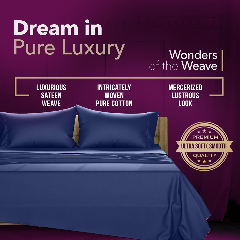 TEXAS LINEN CO. 100% Egyptian Cotton Queen Sheets Set - Luxury 1200 Series Star Sleepin' Collection Egyptian Cotton Sheets Queen Size (4 PC, Navy Blue), 17' Deep Pocket, Cooling Sateen Hotel Bedding