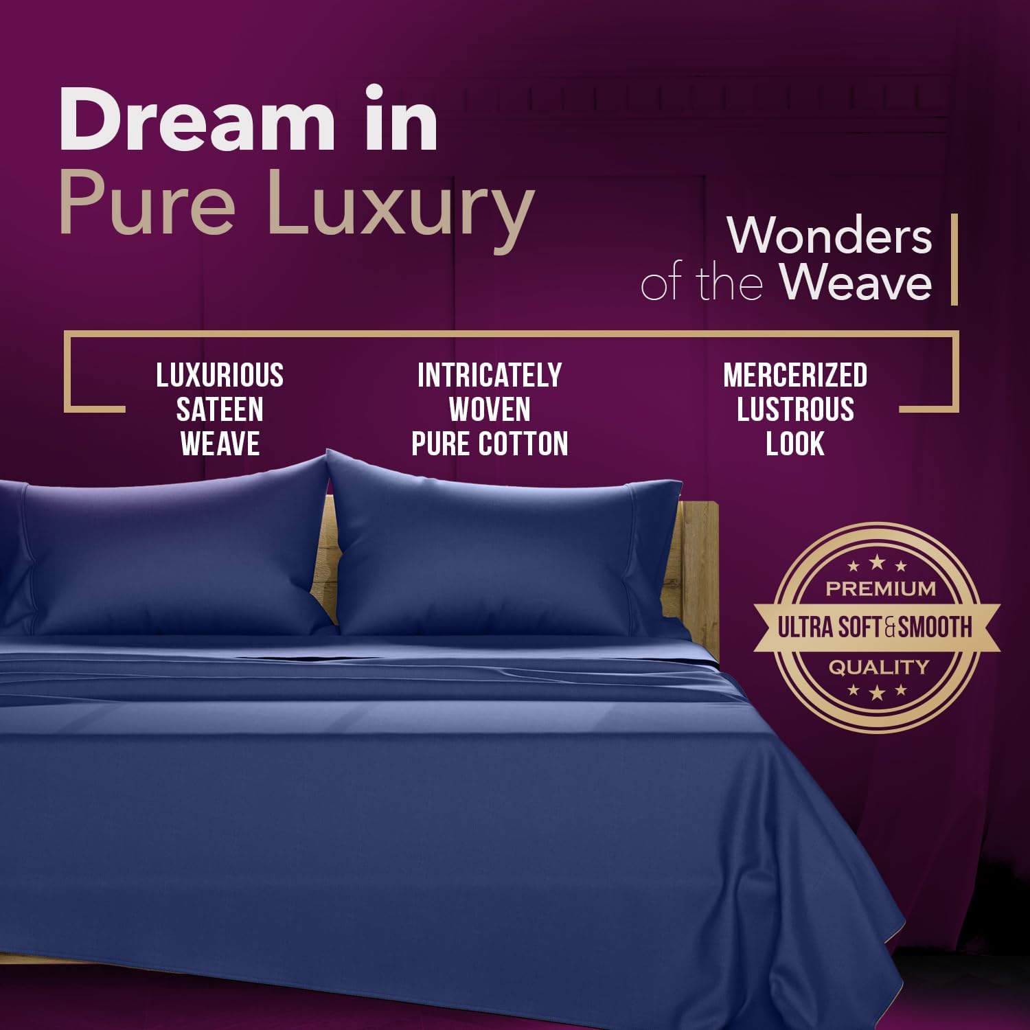 TEXAS LINEN CO. 100% Egyptian Cotton Queen Sheets Set - Luxury 1200 Series Star Sleepin' Collection Egyptian Cotton Sheets Queen Size (4 PC, Navy Blue), 17' Deep Pocket, Cooling Sateen Hotel Bedding