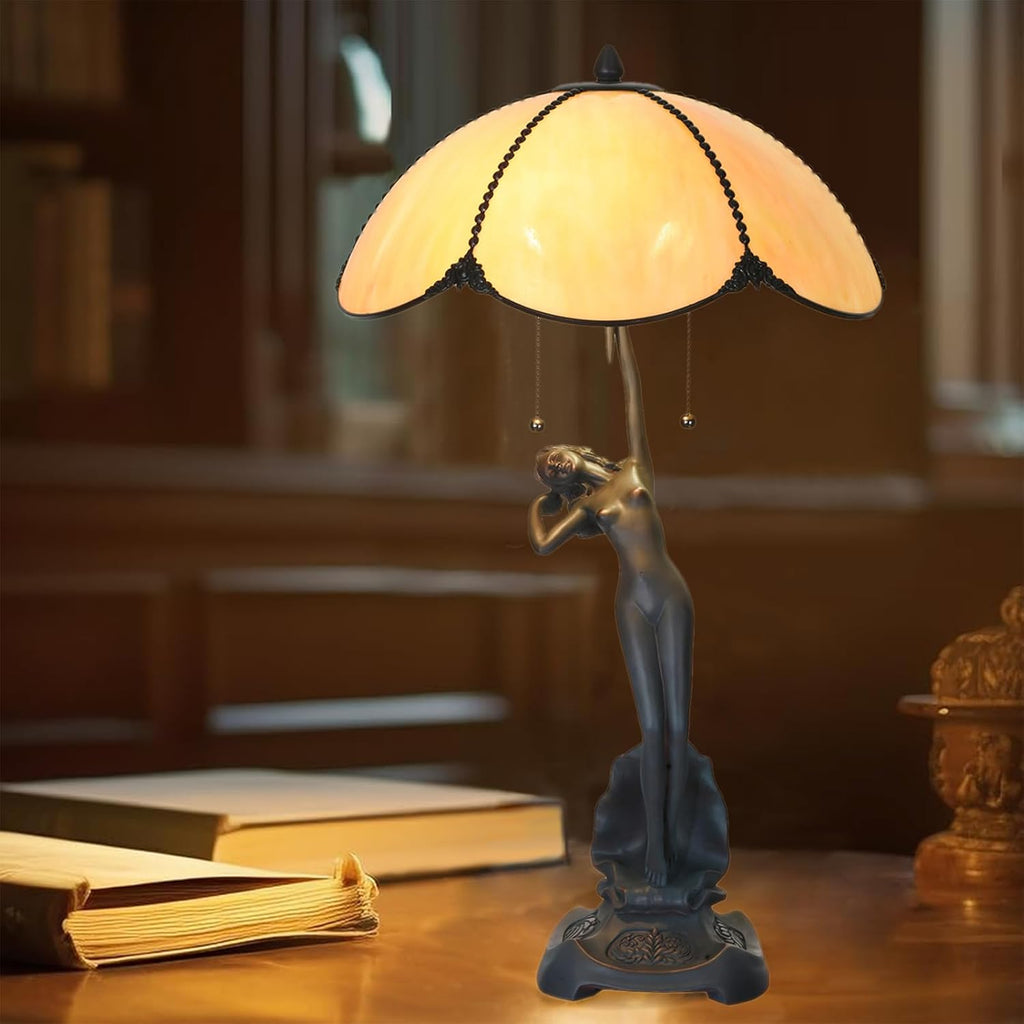 TL0033 Tiffany Style Table Lamp Handmade Stained Glass Umbrella Shade with Lady Sculpture Base W 15.75 X OH 27 Inches, Art Nouveau Lamp for Home Office, LED Bulbs Included