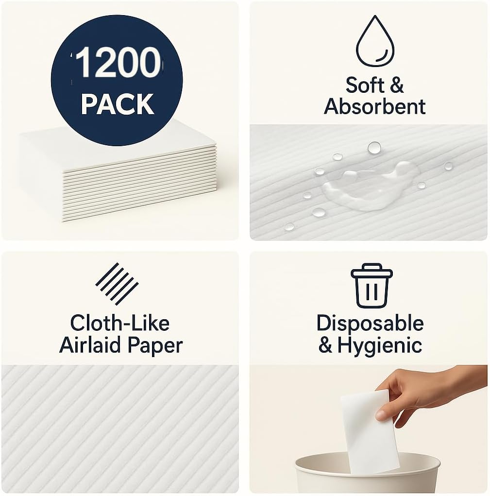 1200 Lillian Disposable Bathroom Napkins | Single-Use Linen-Feel Guest Towels | Cloth-Like Hand Tissue Paper, White, 12' x 17', White