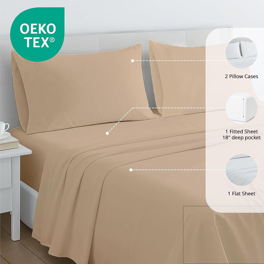 Bluemoon Homes Queen Size 4 Piece Sheet Set - 100% Egyptian Cotton Sheets - 1500 Series - Breathable & Cooling - Hotel Luxury Bedding Set - 16' Deep Pockets, Queen Sheet - Beige