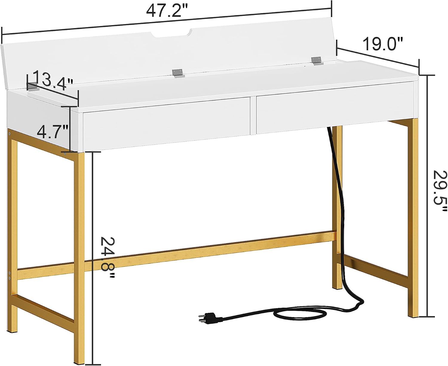 Treocho Computer Desk with USB Charging Ports and Power Outlets, Modern Simple 47 inch Vanity Desk with 2 Drawers, Makeup Table for Home Office, Bedroom, White and Gold