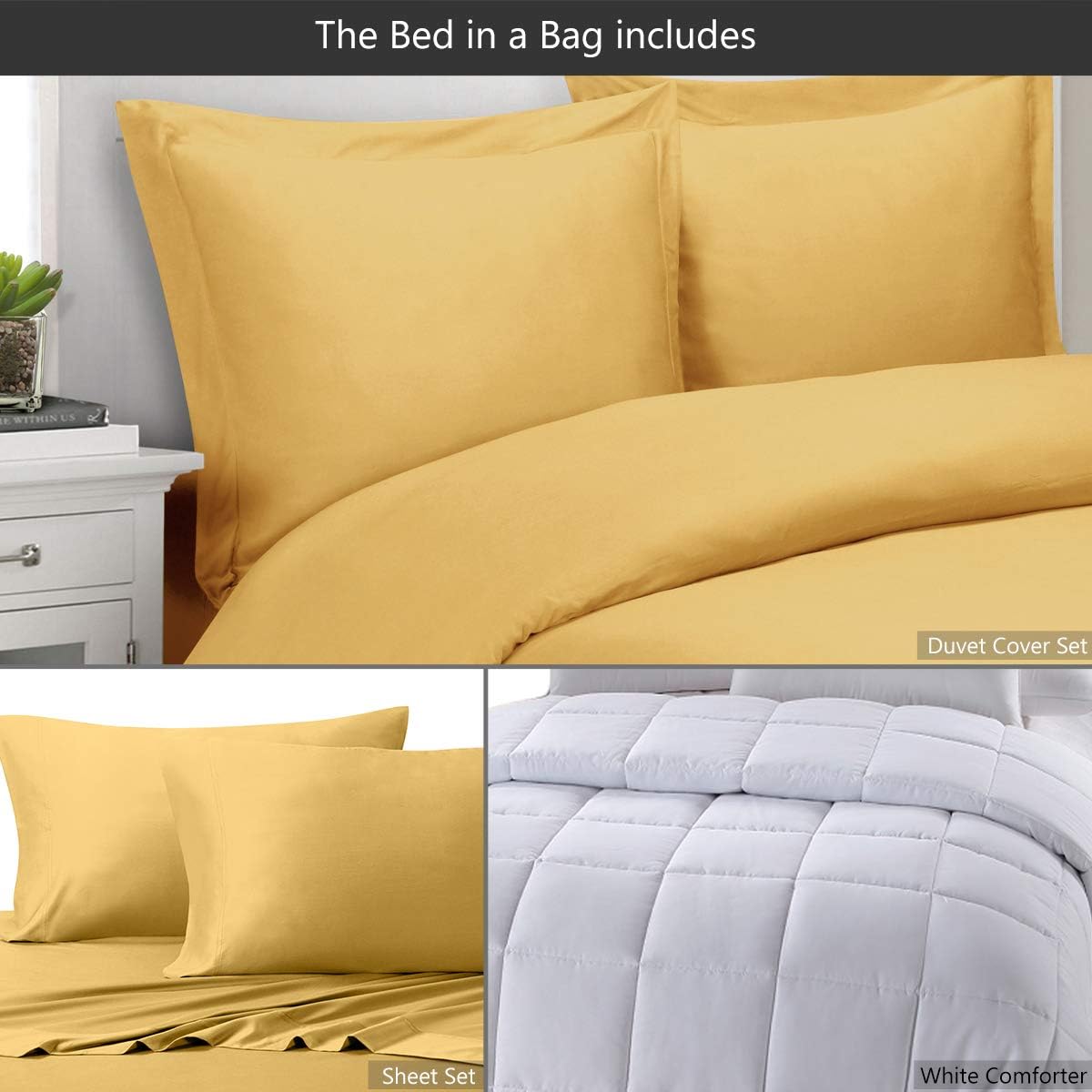 Royal Tradition 8 Pieces Bed in a Bag Set: Queen Size, Viscose from Bamboo, Solid Gold (Sheet Set & Duvet Cover Set) + White Down Alternative Comforter