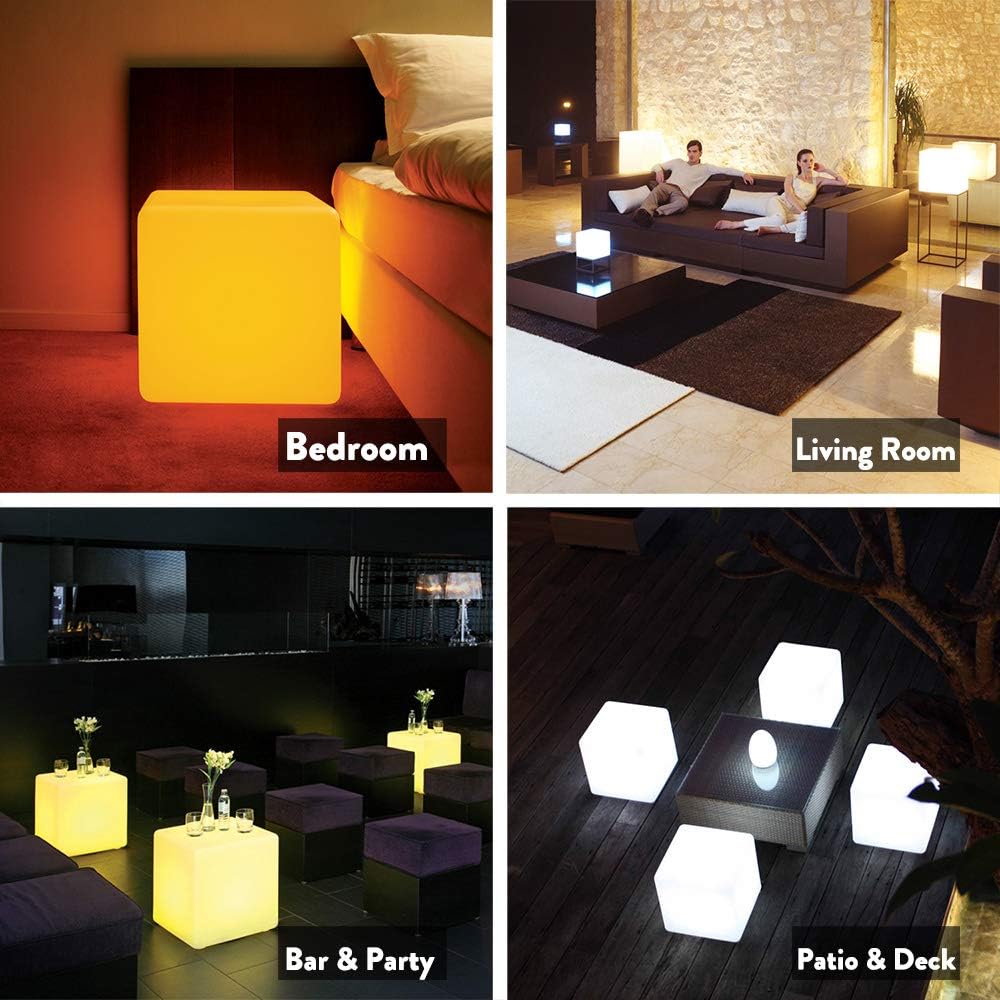 Mr.Go 14-Inch Color Changing LED Cube Light Stool, Glow Cube Seat for Kids, Modern LED Light Side Table, 16 RGB Colors Mood Lighting, Ideal for Home Garden Patio Bar Pool Party Decorative Lighting