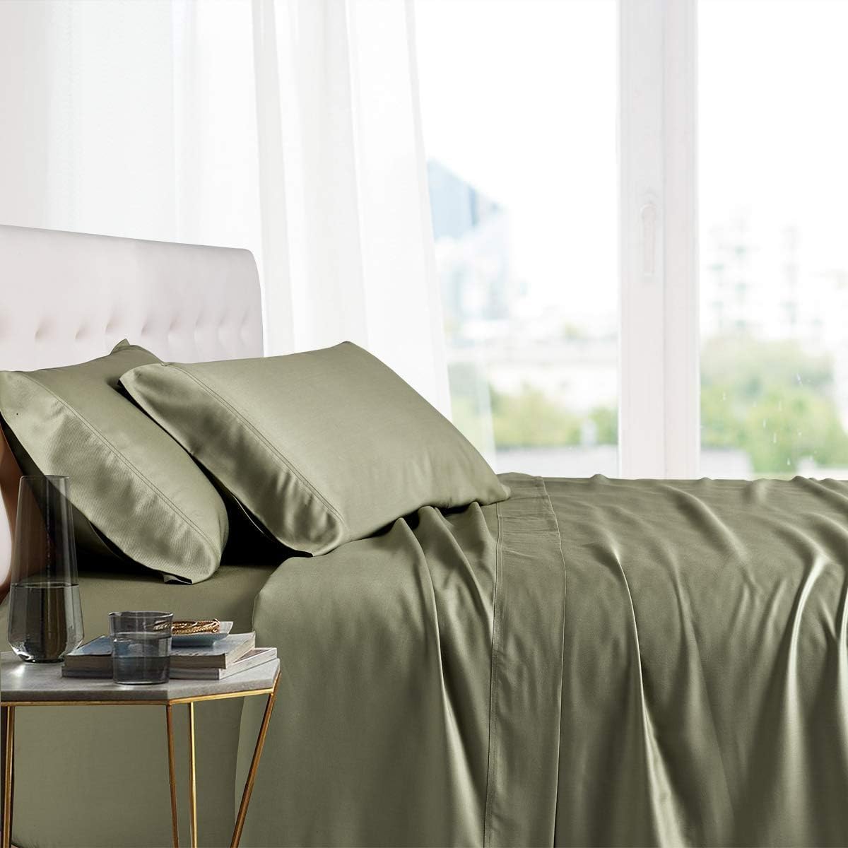 Royal Tradition Viscose from Bamboo Bed Sheets, Split California King, Solid Sage, Super Soft and Cool 5PC Sheet Set