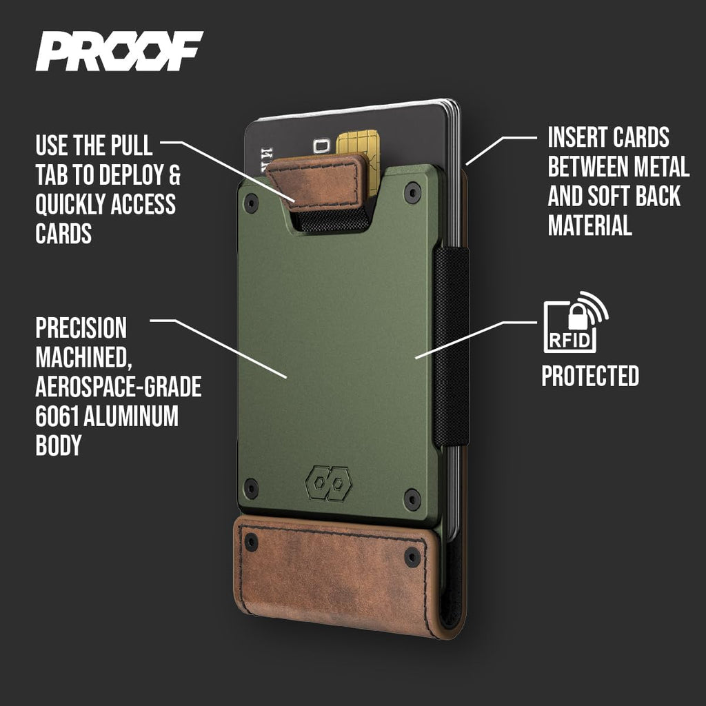 PROOF Wallet | Slim Minimalist Wallets for Men | Leather & Metal | RFID Wallet | Front/Back Pocket | Gift Box | Veteran Owned