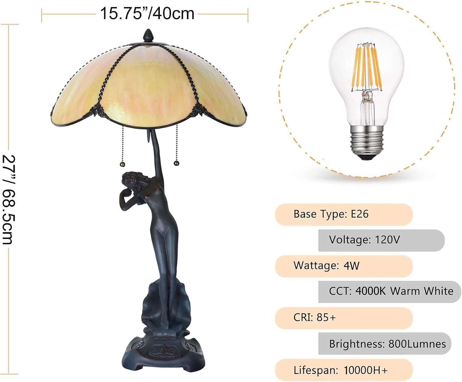 TL0033 Tiffany Style Table Lamp Handmade Stained Glass Umbrella Shade with Lady Sculpture Base W 15.75 X OH 27 Inches, Art Nouveau Lamp for Home Office, LED Bulbs Included