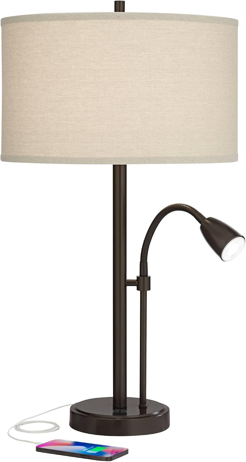 Possini Euro Design Traverse 29' Tall Modern Set of 2 Table Lamps with USB Ports A+C Charging Gooseneck LED Bronze Oatmeal Shade for Living Room Bedroom House Bedside Nightstand Home Office