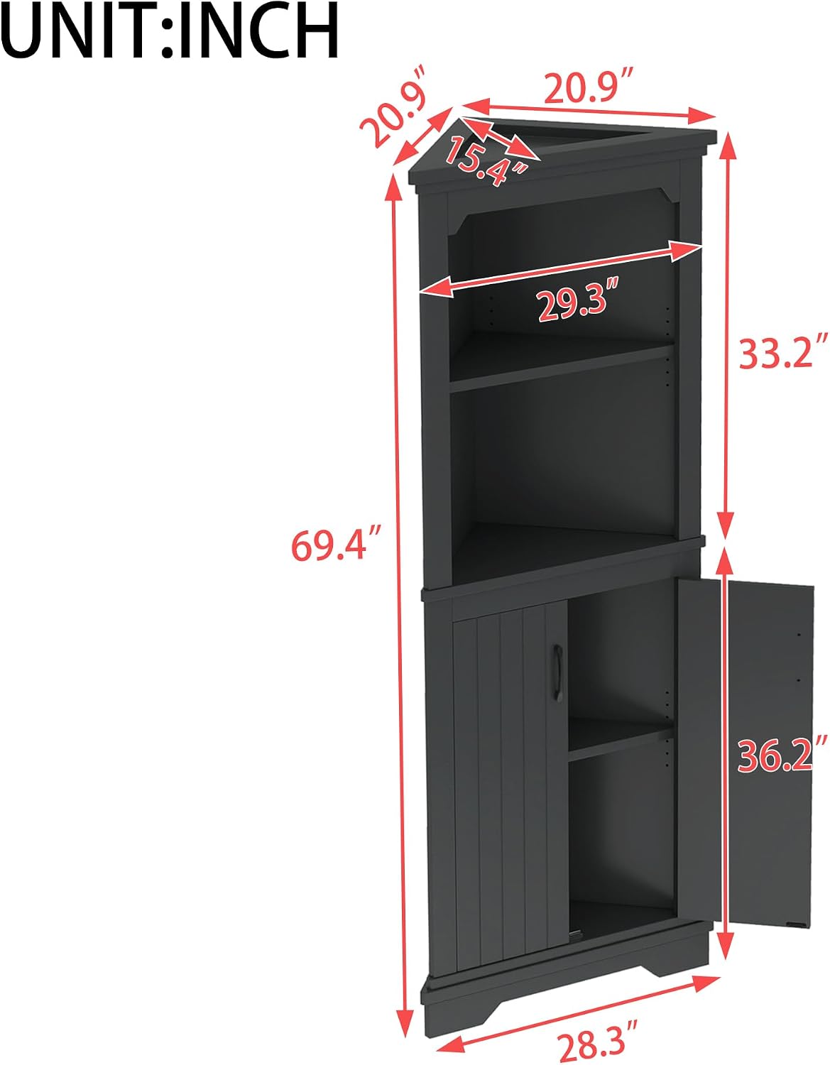 Bellemave Triangle Corner Storage Cabinet, 69.4'' H Tall Bathroom/Kitchen Cabinet with Doors & Shelves, Space-Saving Furniture for Small Spaces (Black)