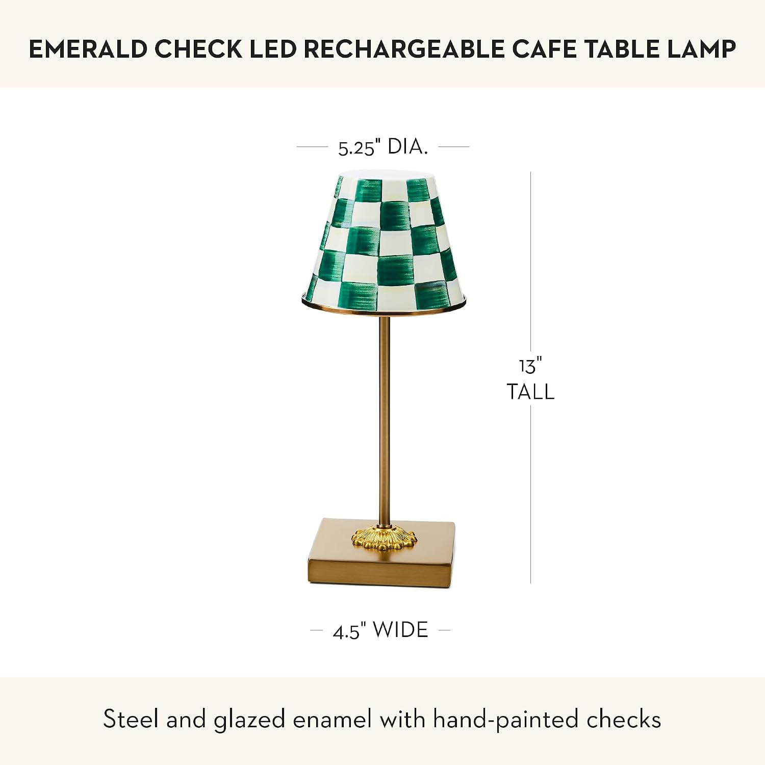 MACKENZIE-CHILDS LED Rechargeable Cafe Table Lamp, Cordless Decorative Lamp, Green-and-White Emerald Check