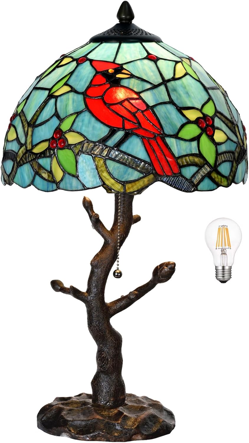 TL0035 Tiffany Style Stained Glass Table Lamp, Cardinal Bird Desk Lamp with Branch Base, W 12' x OH 21', Great for Home Decor & Night Lighting, LED Bulb Included (Red Cardinal)