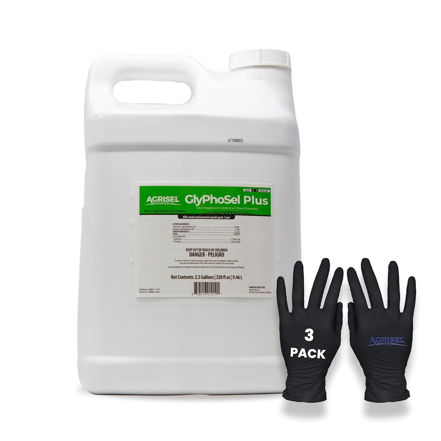 Agrisel GlyPhoSel Plus Weed Killer, Post Emergent, Long-Lasting Action, Eliminates Tough Weeds from Leaf to Root, For Non-Crop Areas, Pet Safe, Includes 3-pack of Agrisel Protective Gloves, 320 Ounces
