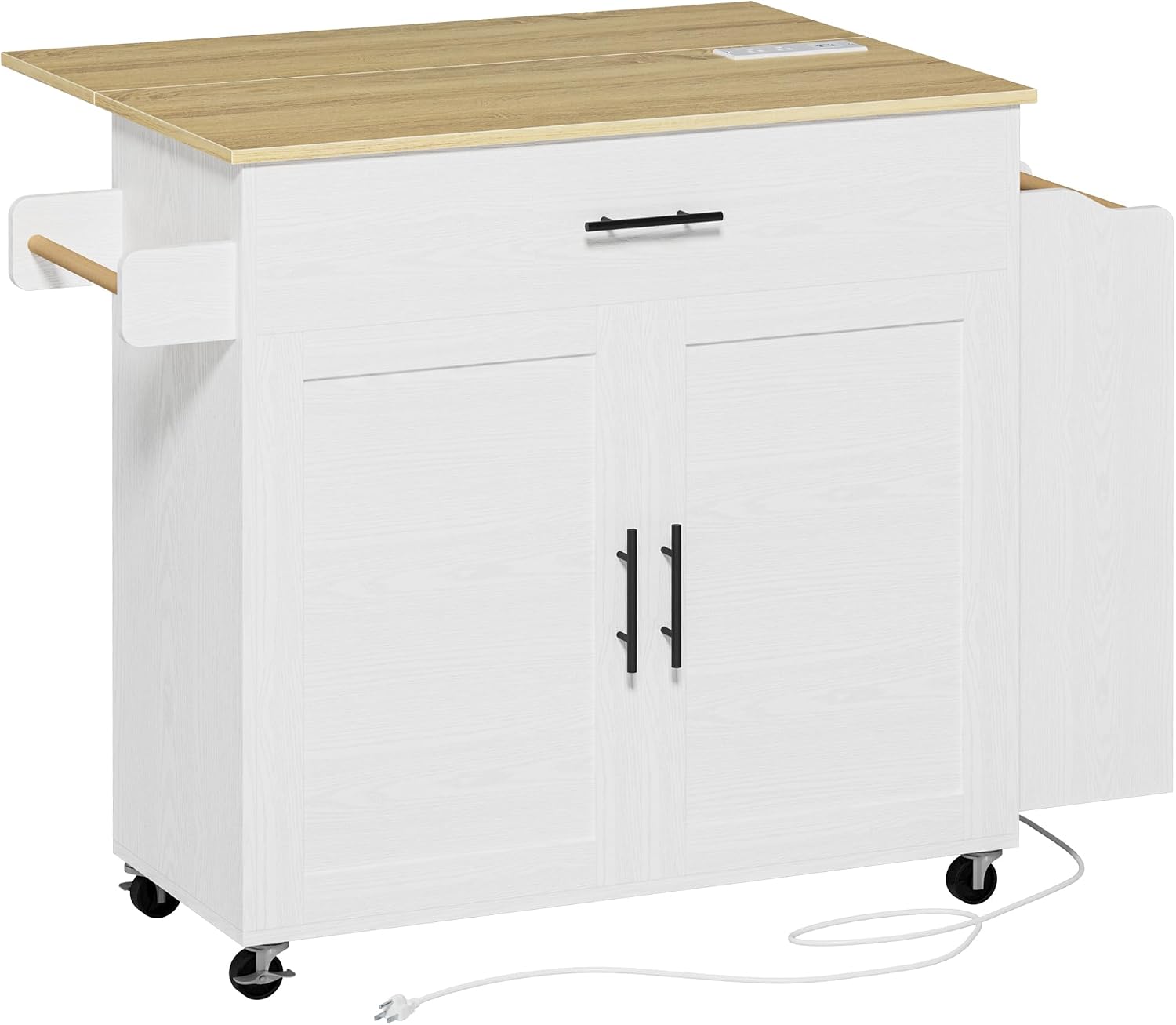 IRONCK Kitchen Island with Storage, Rolling Kitchen Island on Wheels with Drop Leaf, 3 Open Spice Rack Shelf, Door Cabinet, Drawer, Kitchen Cart Island Table for Kitchen, White