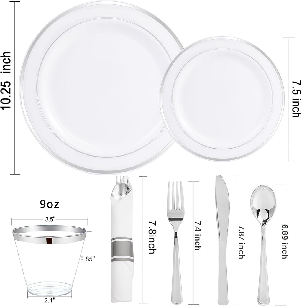 WELLIFE 700 Pcs Silver Plastic Plates for 100 Guests -Party Supplies Includes 200 Silver Plates,300 Plastic Silverware,100 Napkins,100 Cups for Party and Wedding