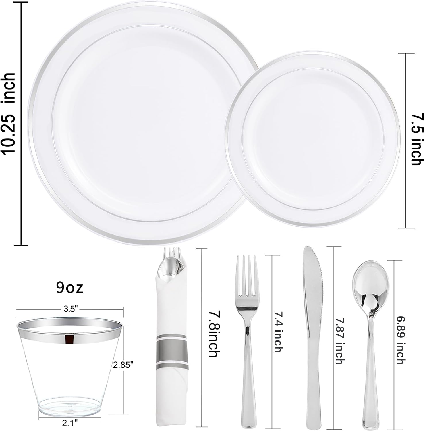 WELLIFE 700 Pcs Silver Plastic Plates for 100 Guests -Party Supplies Includes 200 Silver Plates,300 Plastic Silverware,100 Napkins,100 Cups for Party and Wedding
