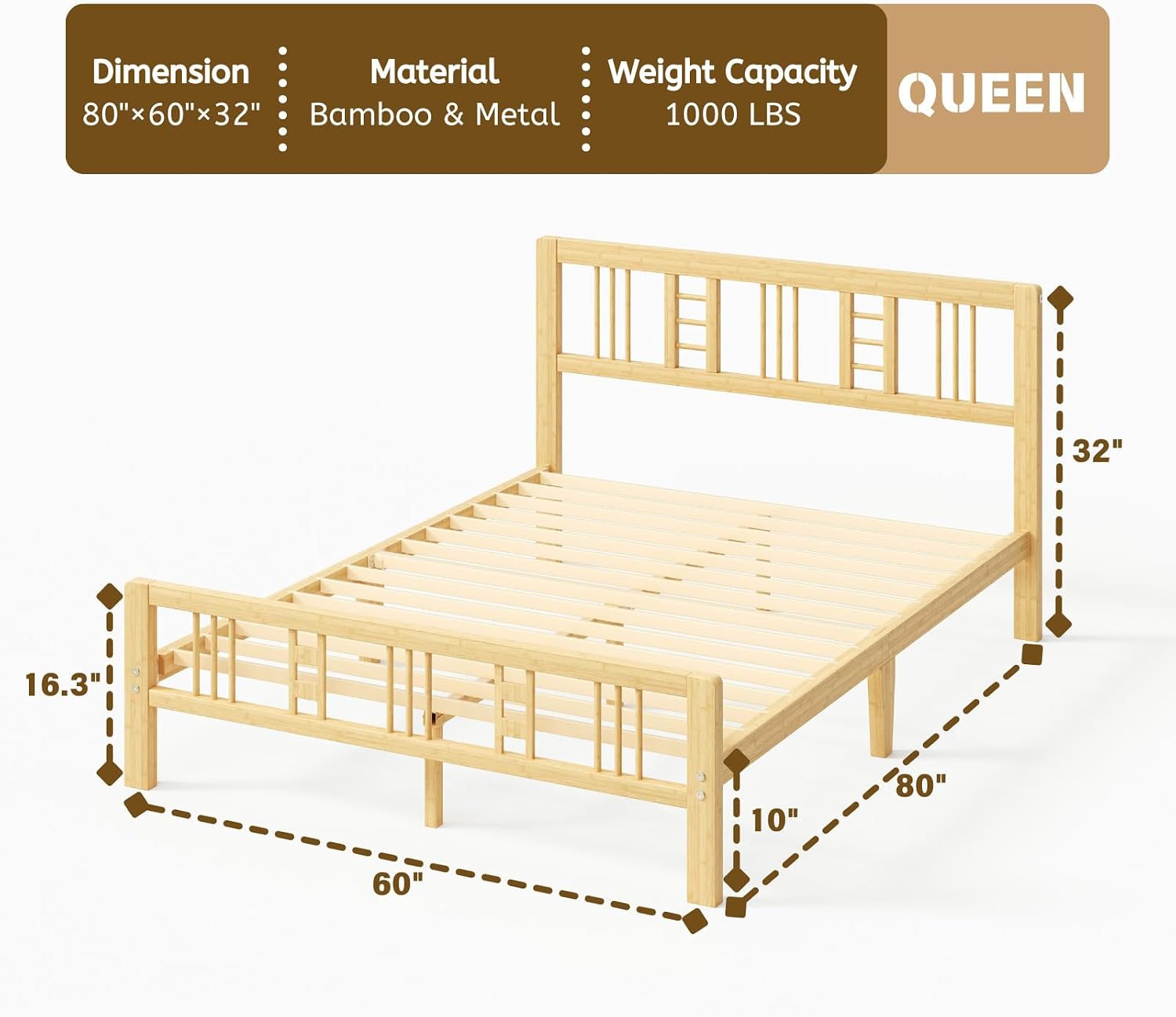 10 Inch High Bamboo Queen Bed Frame with Headboard and Footboard, Wood Bed Frame Queen Size Metal Slat Support Heavy Duty, No Box Spring Needed, Easy Assembly, Noise Free, Reinforced