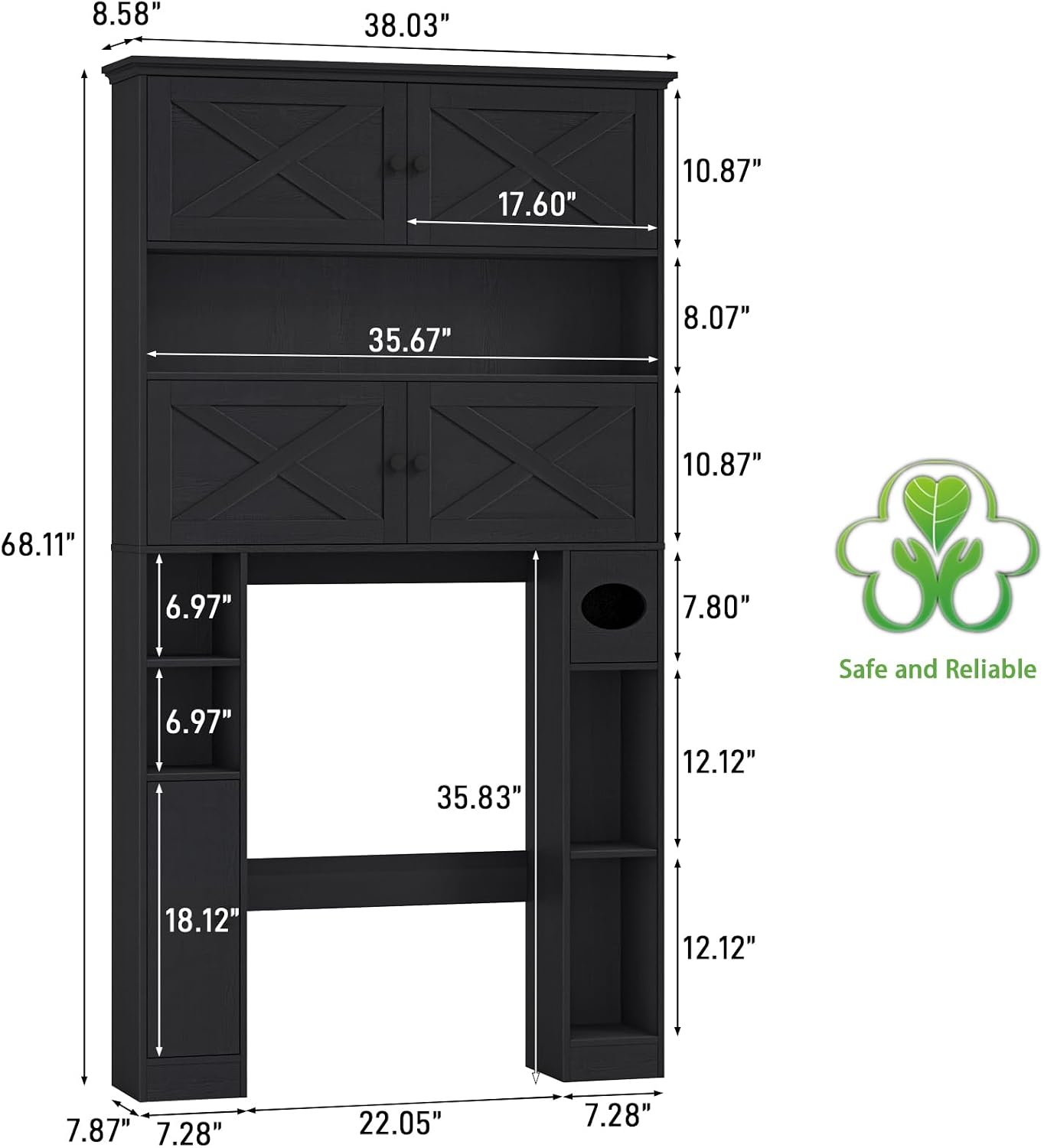 Over The Toilet Storage Cabinet, Farmhouse Storage Over Toilet with 4 Barn Doors & Adjustable Shelf, Space Saving Bathroom Organizer with Toilet Paper Holder Stand for Bathroom, Laundry, Rustic Black