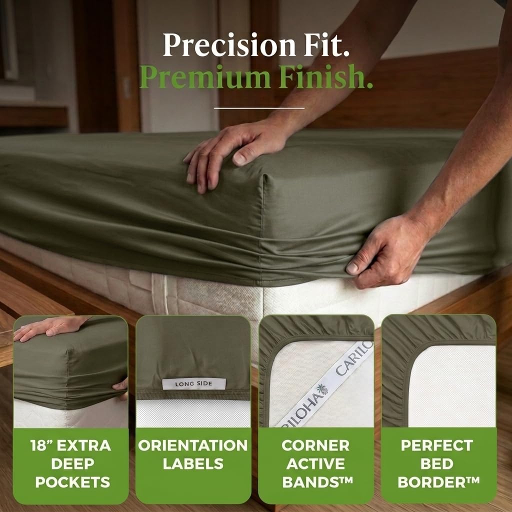 Cariloha Retreat 4-Piece Sateen Sheet Set | Oasis Green | Queen | Lyocell Material | Breathable, Corner Straps, Extra Soft & Cooling