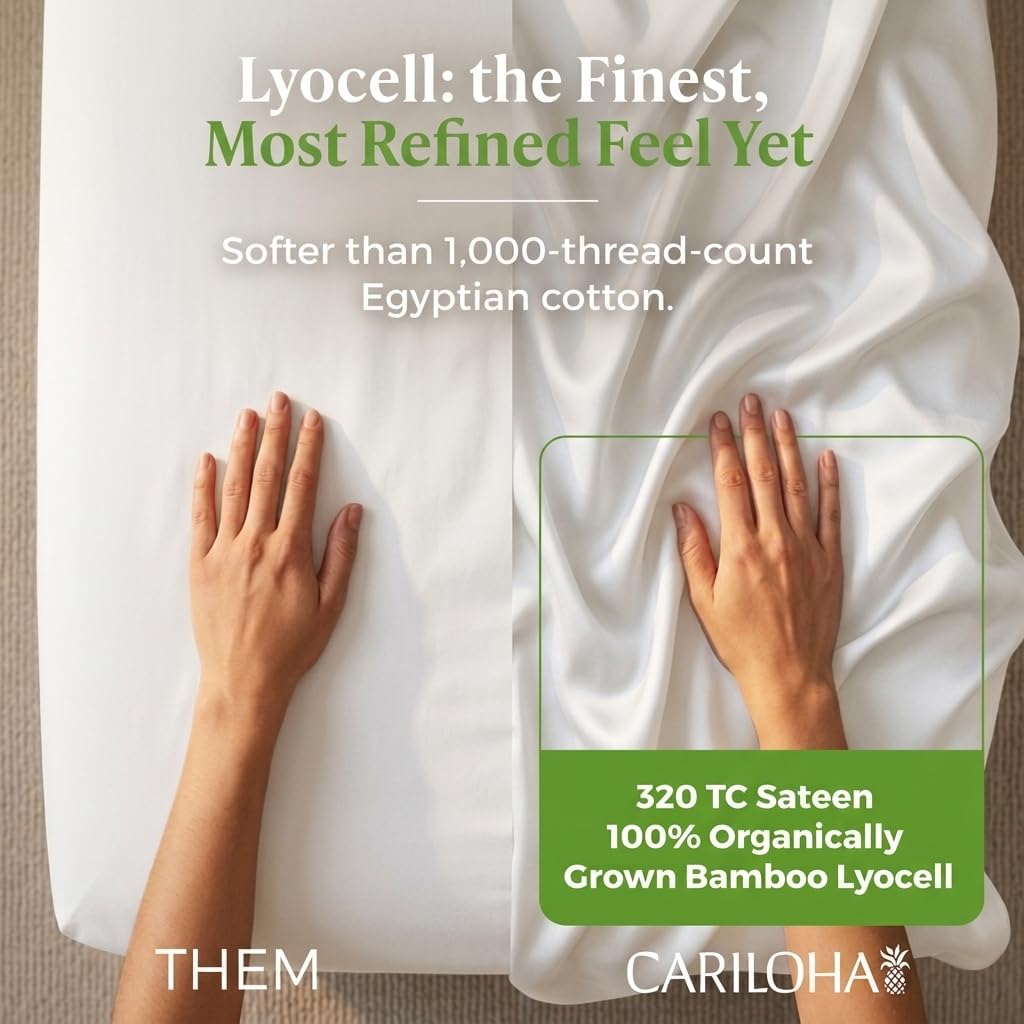 Cariloha Retreat 4-Piece Sateen Sheet Set | White | King | Lyocell Material | Breathable, Corner Straps, Extra Soft & Cooling