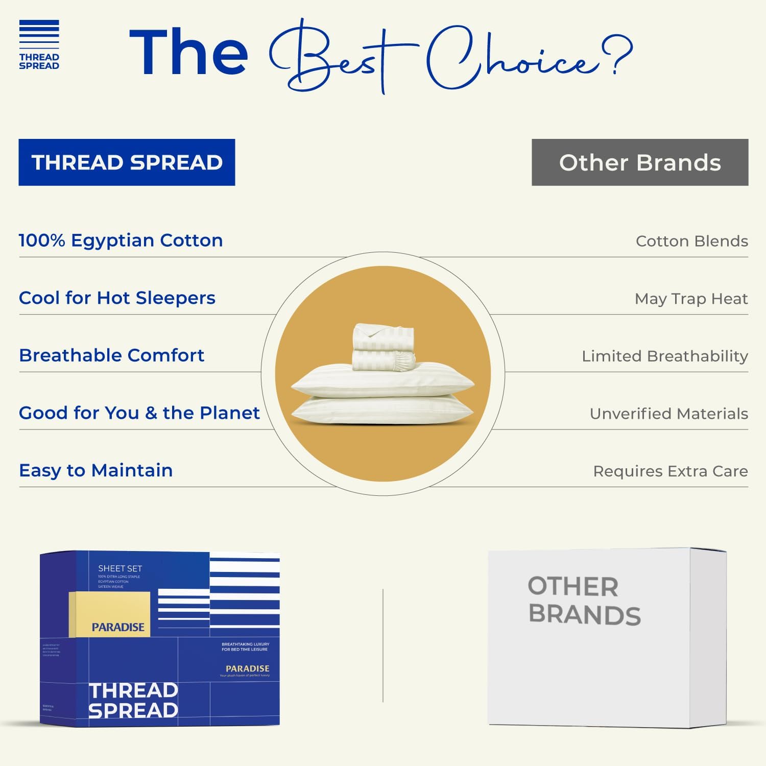THREAD SPREAD Queen Sheet Set, Luxury 1000 Series Paradise Collection 100% Egyptian Cotton Damask Striped Bed Sheets Queen Size (4 PC, Ivory Stripe), Cooling 16' Deep Pocket Hotel Sheet Set