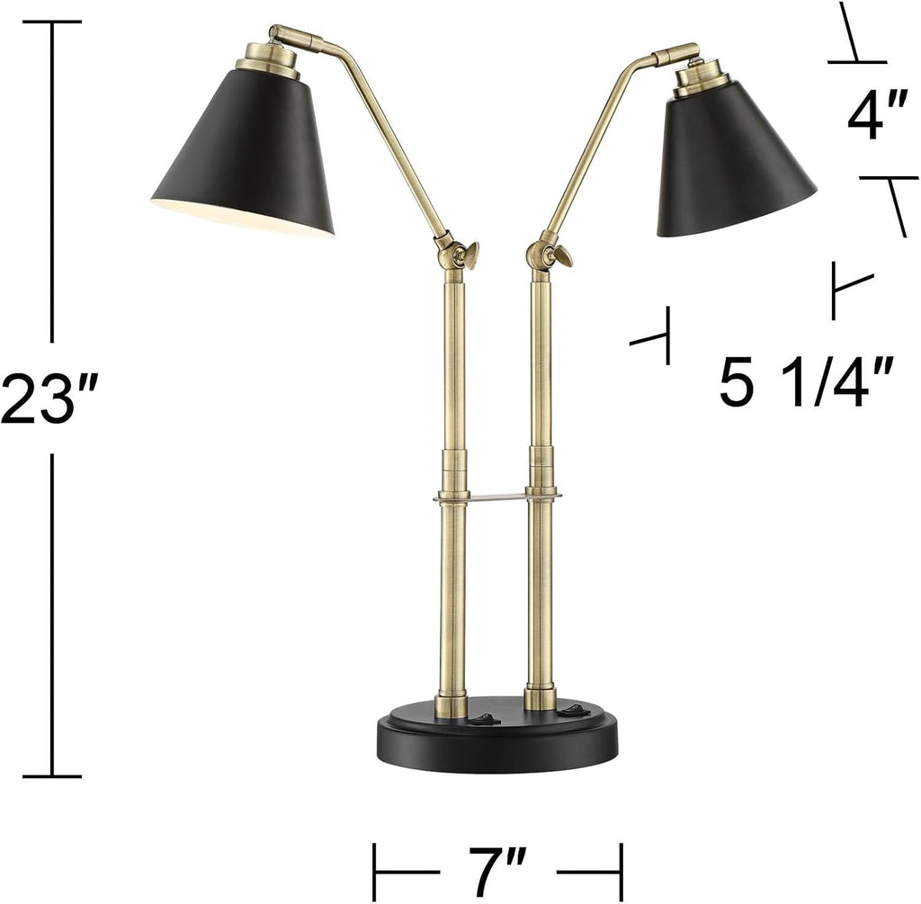 Possini Euro Design Sentry 23' High Mid Century Modern Desk Lamp with USB Charging Ports A+C Black Brass Gold Metal LED Adjustable Cone Shade for Living Room Bedroom House Bedside Nightstand Office