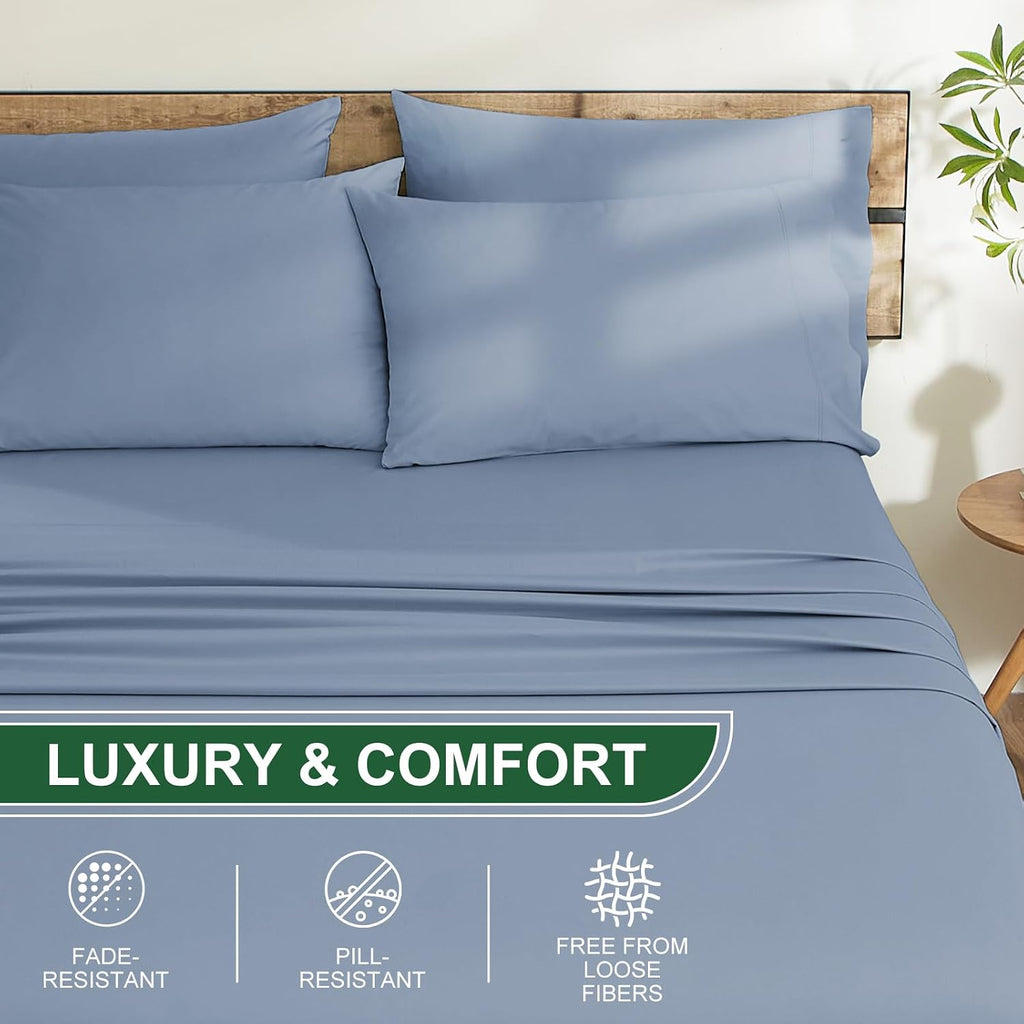 Ivellow 100% Egyptian Cotton Sheets Queen Size Set - 1200 Thread Count 6 PC 18' Deep Pocket Queen Size Bed Sheet Set，Luxury Soft Breathable Dusty Blue Cooling Sheet Sets Durable Hotel Quality Bedding
