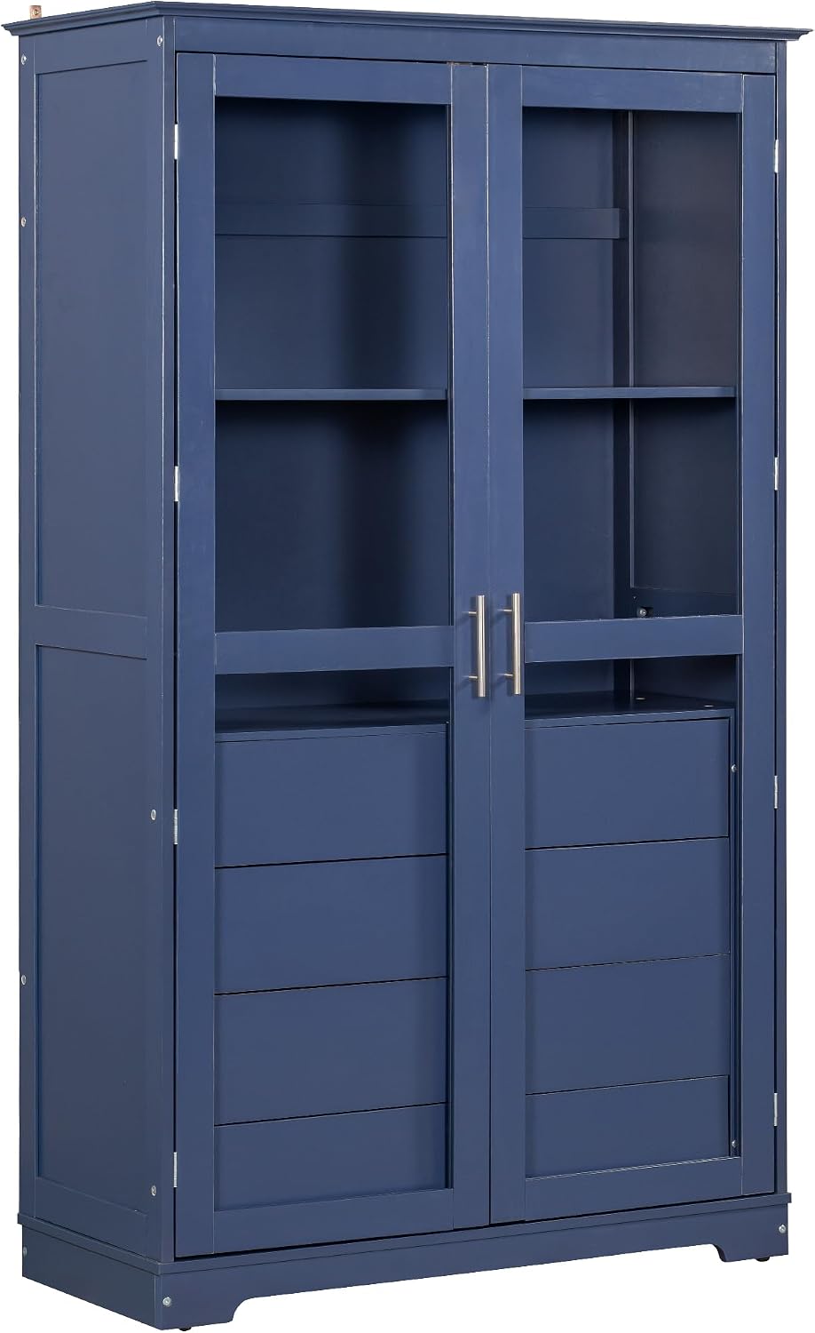 Modern 75inch Kitchen Pantry, Freestanding Kitchen Storage Cabinet Display Cabinet with Glass Doors and 4 Built-in Drawers for Living Room, Home Office (Blue-30r)