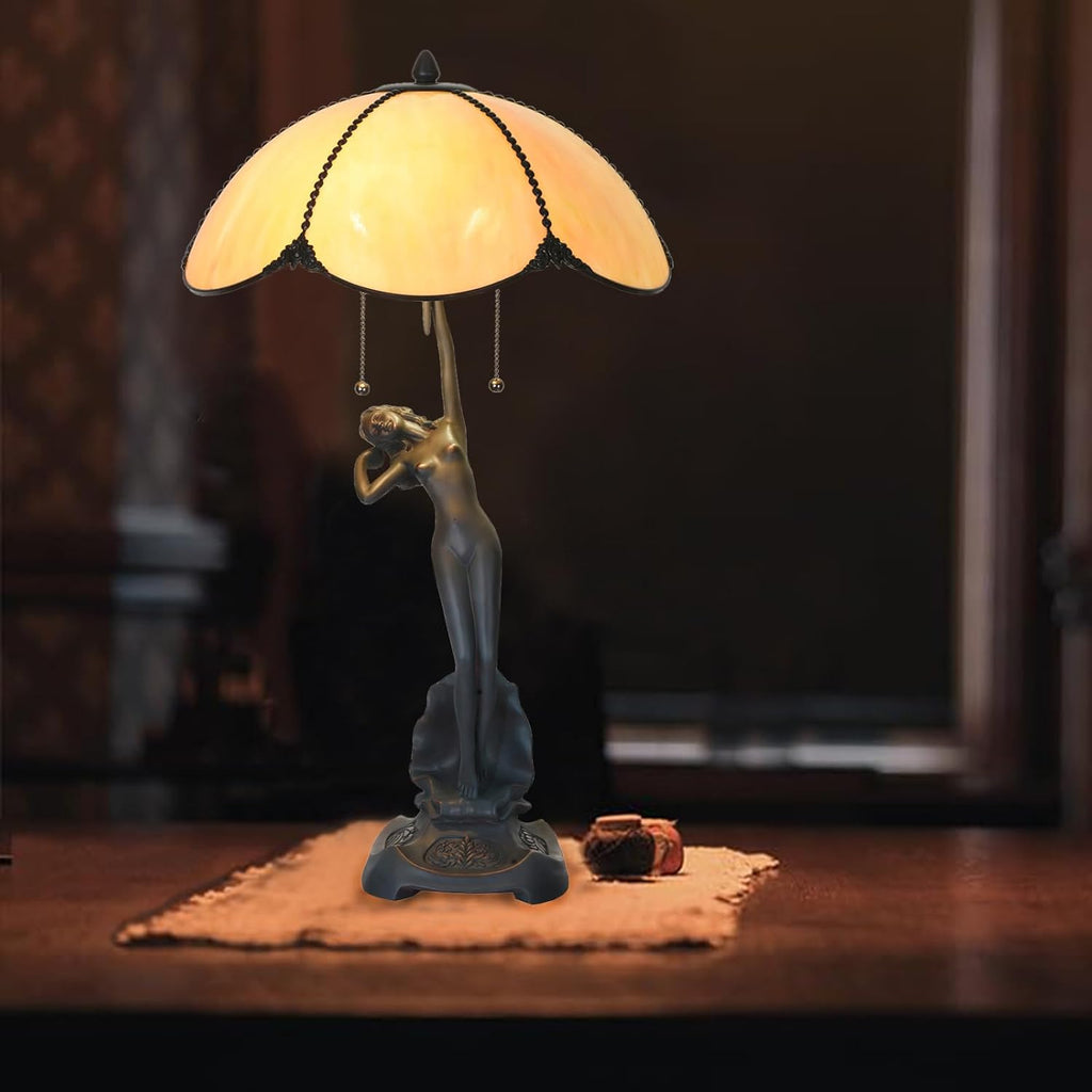 TL0033 Tiffany Style Table Lamp Handmade Stained Glass Umbrella Shade with Lady Sculpture Base W 15.75 X OH 27 Inches, Art Nouveau Lamp for Home Office, LED Bulbs Included