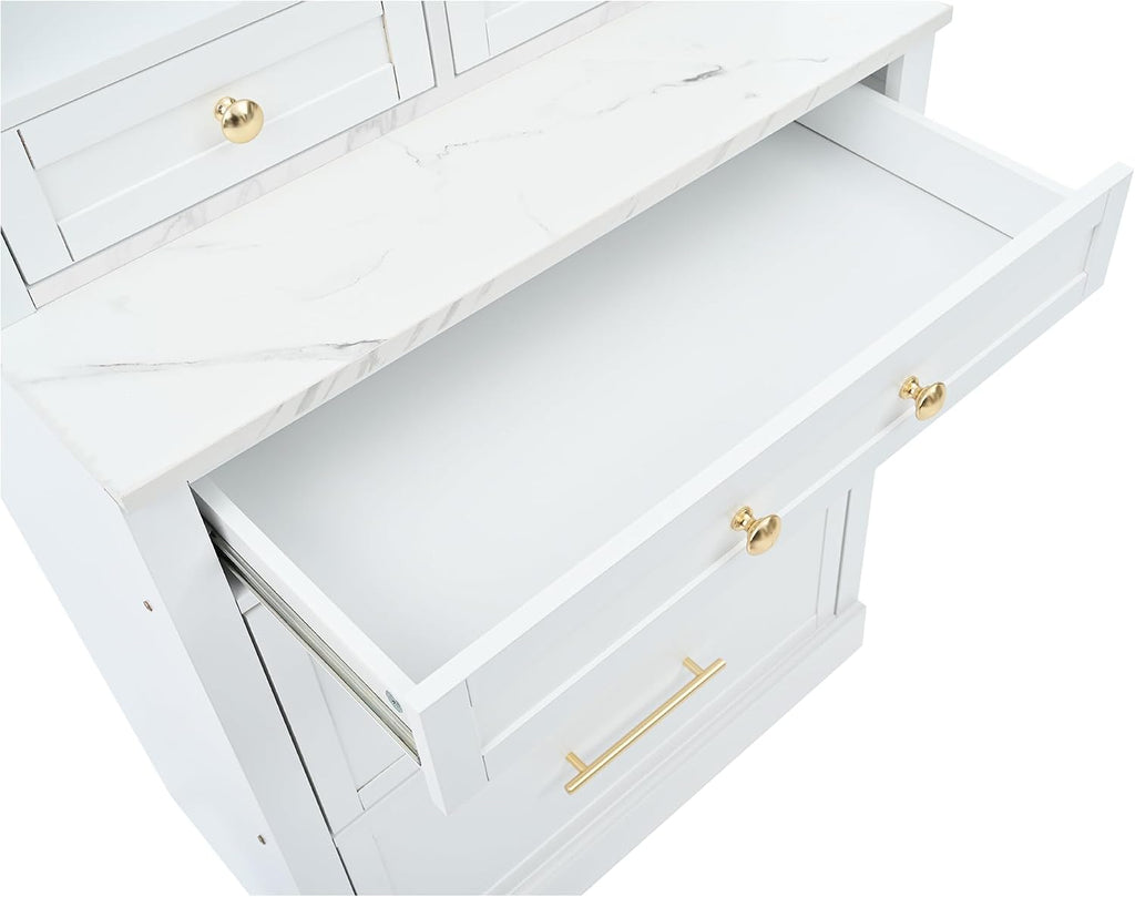 Modern 83.7inch High Kitchen Pantry, Freestanding Tall Kitchen Hutch with Faux Marble Top, Cupboard Cabinet with 5 Storage Drawers and Adjustable Shelf, Wood Storage Cabinet, Set of 2 (White-3)