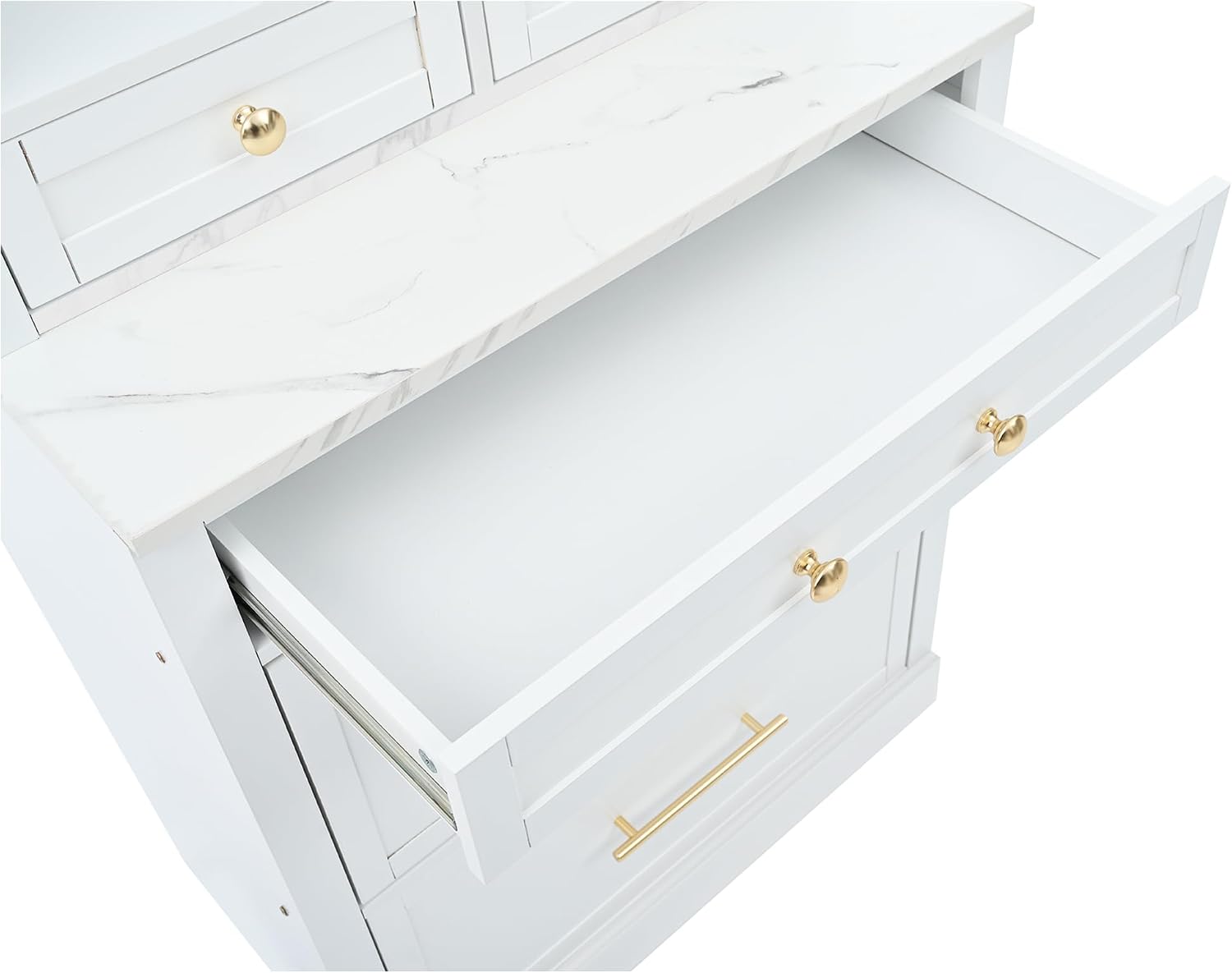Modern 83.7inch High Kitchen Pantry, Freestanding Tall Kitchen Hutch with Faux Marble Top, Cupboard Cabinet with 5 Storage Drawers and Adjustable Shelf, Wood Storage Cabinet, Set of 2 (White-3)