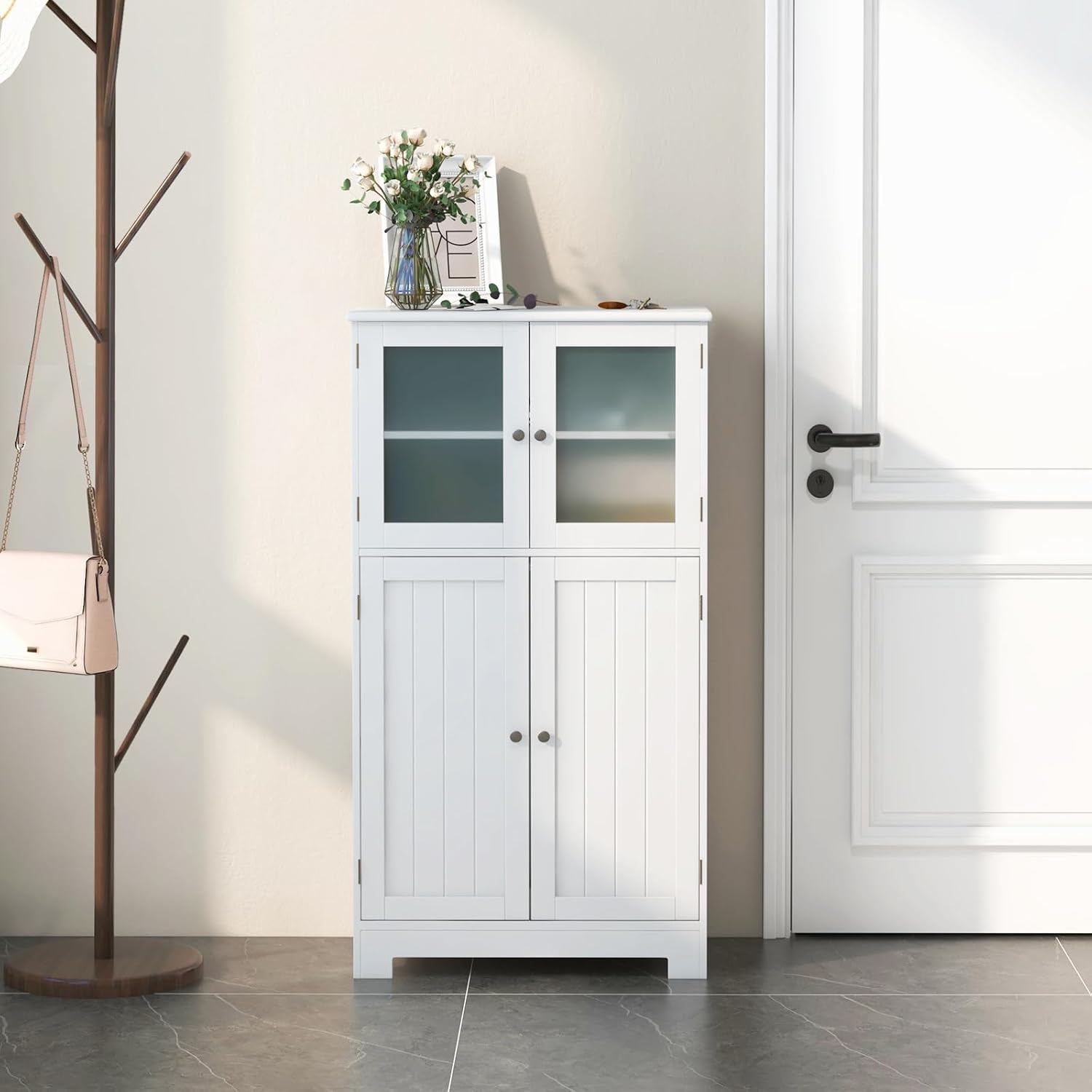 Giantex Storage Cabinet with Doors - Bathroom Floor Cabinet, Freestanding Tall Cabinet w/ 2 Tempered Glass Doors, Adjustable Shelf, Kitchen Cupboard Storage Organizer for Hallway Living Room (White)